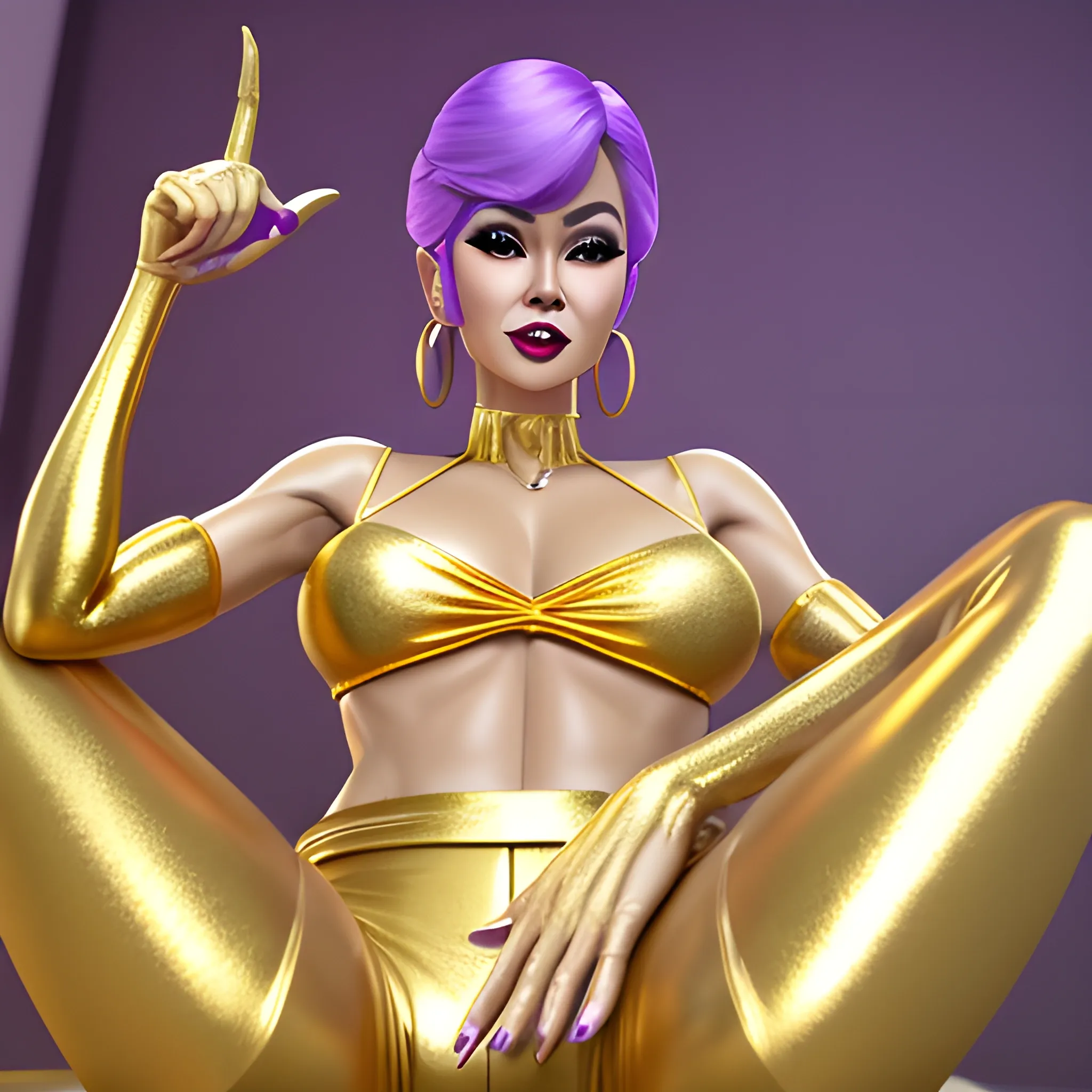 slim, beautiful mature filipino bimbo GILF with exaggerated  makeup, in a gold/neo purple satin hot pants, 3D