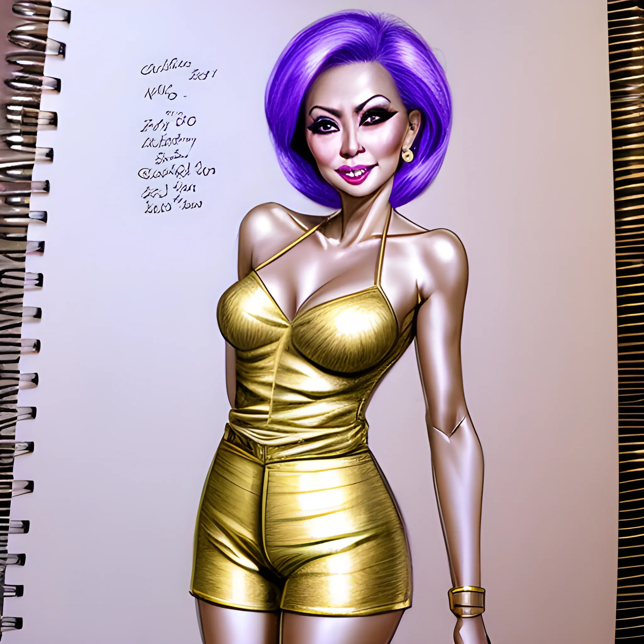 slim, beautiful mature filipino bimbo GILF with exaggerated  makeup, in a gold/neo purple satin hot pants, Pencil Sketch