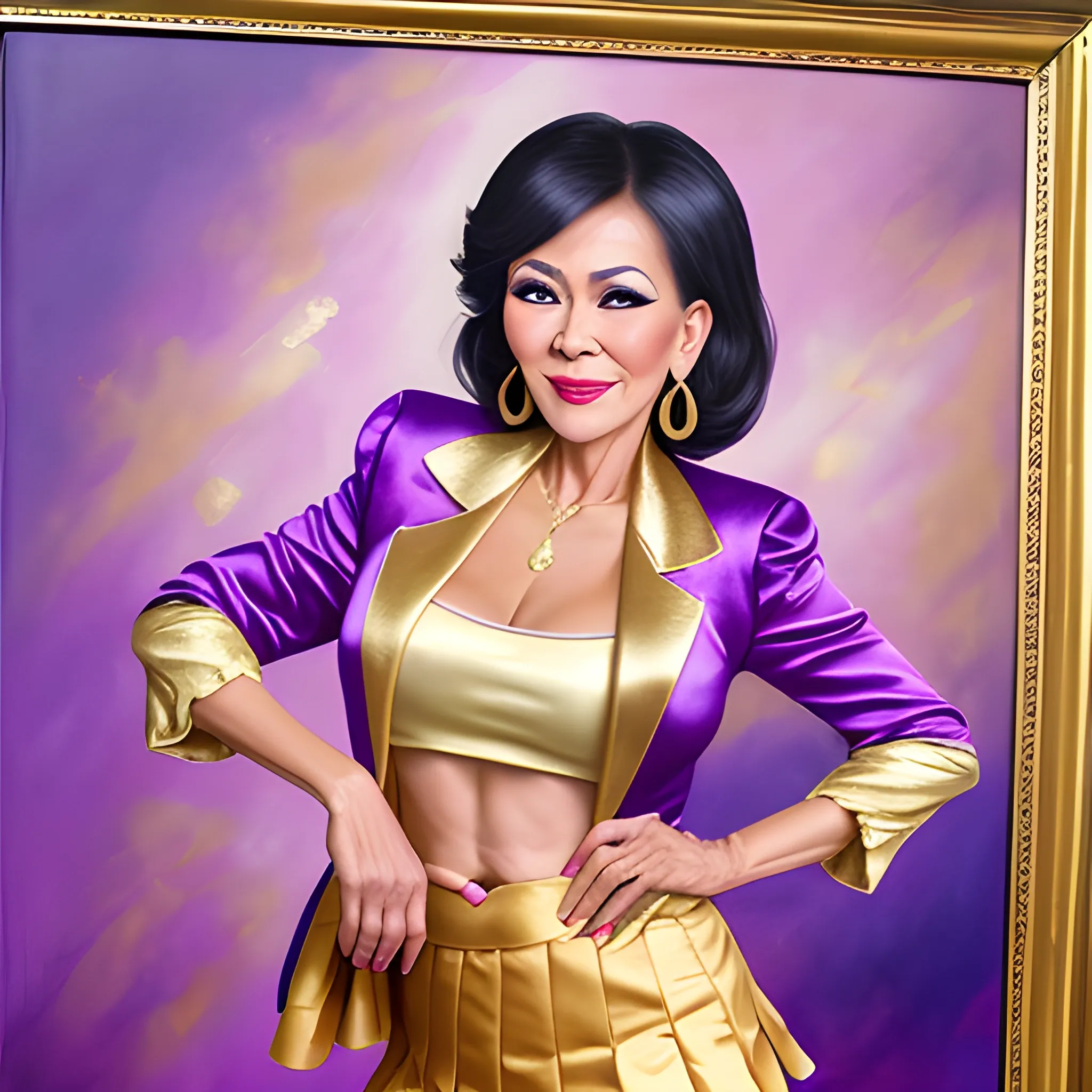 slim, beautiful mature filipino bimbo GILF with exaggerated makeup, in a gold/purple satin blazer with puff sleeves and a gold satin pleated mini skirt, Oil Painting