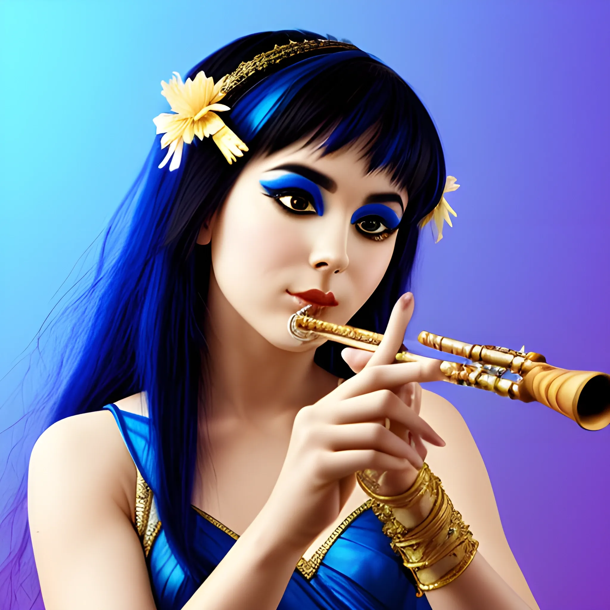 
flutist dancing while playing with blue and black hair
