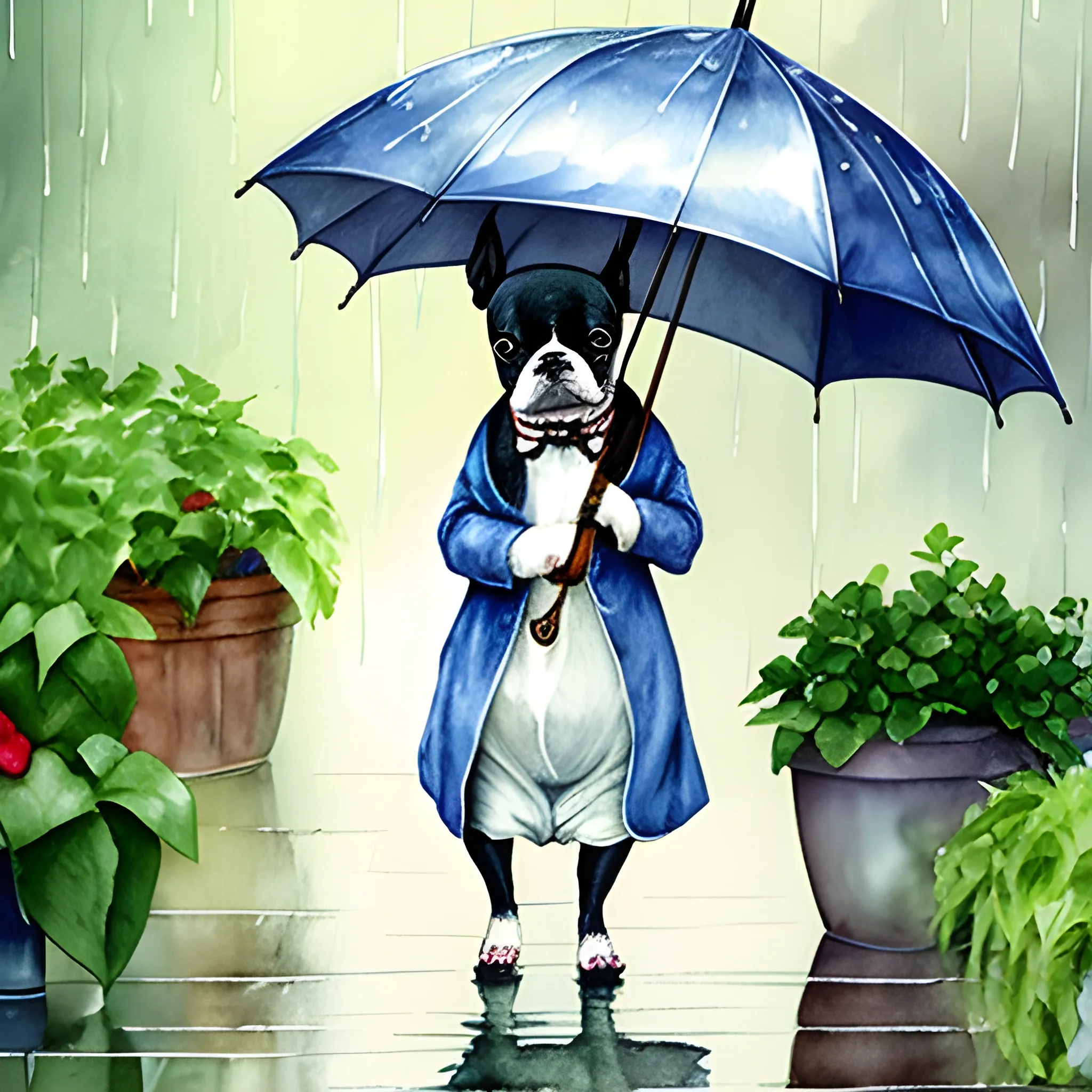 
beatrix potter style boston terrier walking in the rain with plant umbrella, Water Color