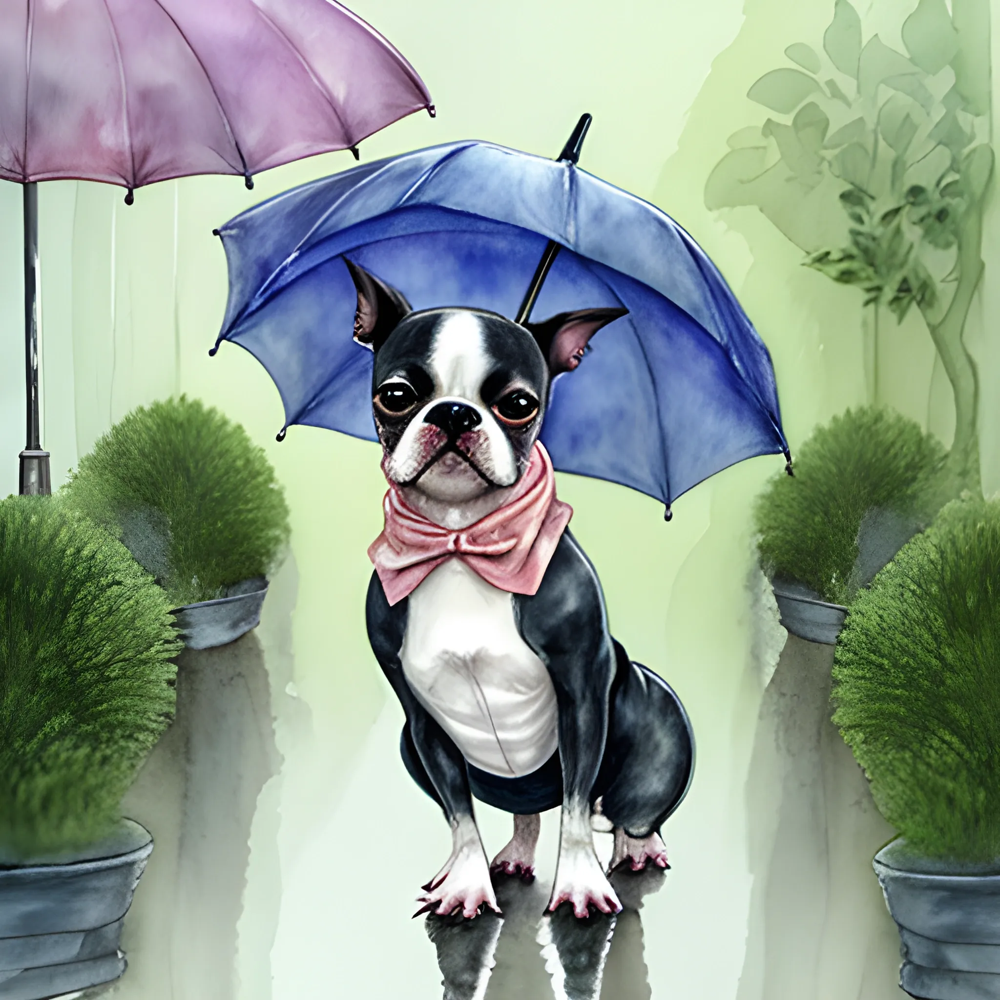 
beatrix potter style boston terrier female walking in the rain with plant umbrella, Water Color