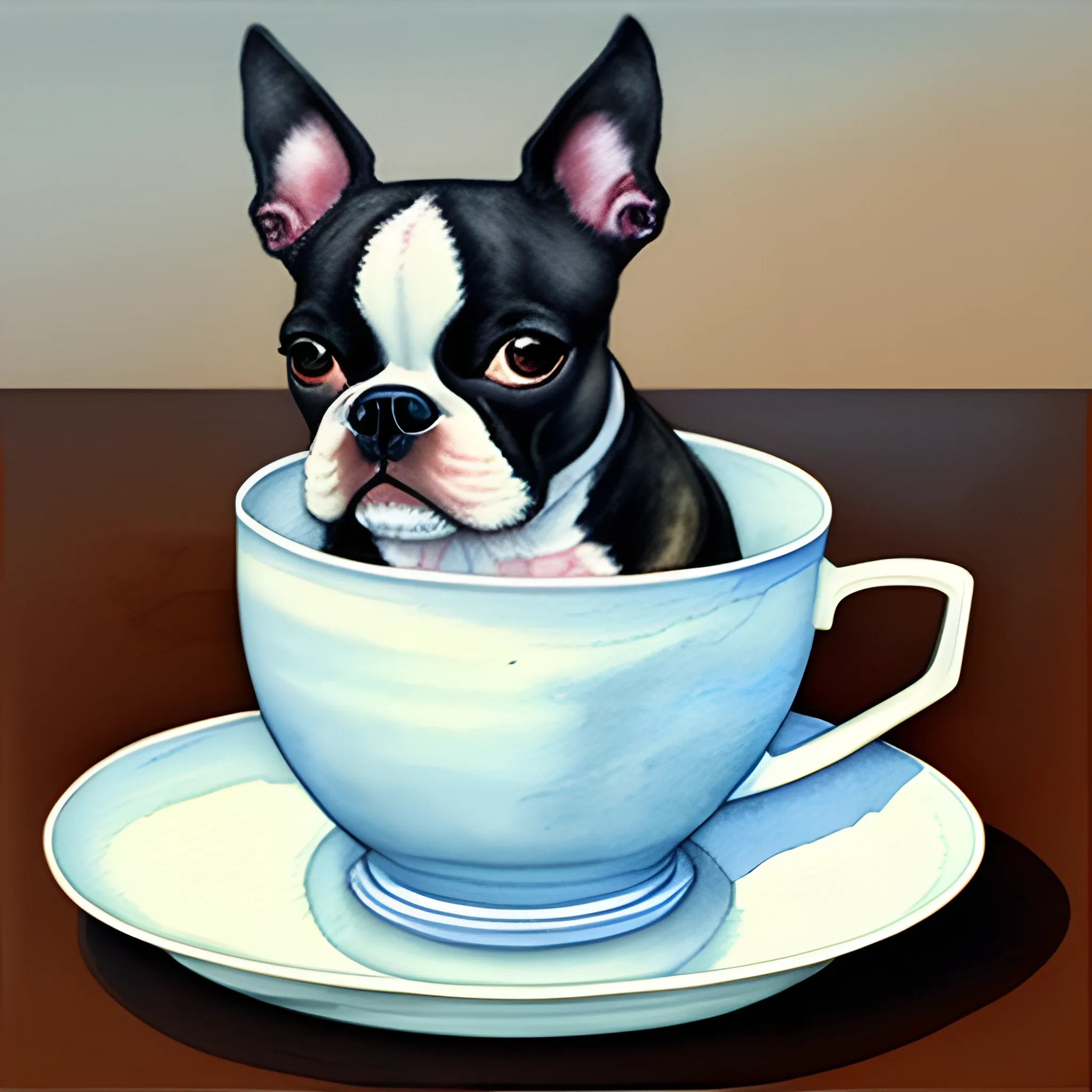 boston terrier drinking tea in porcelain cup, Water Color