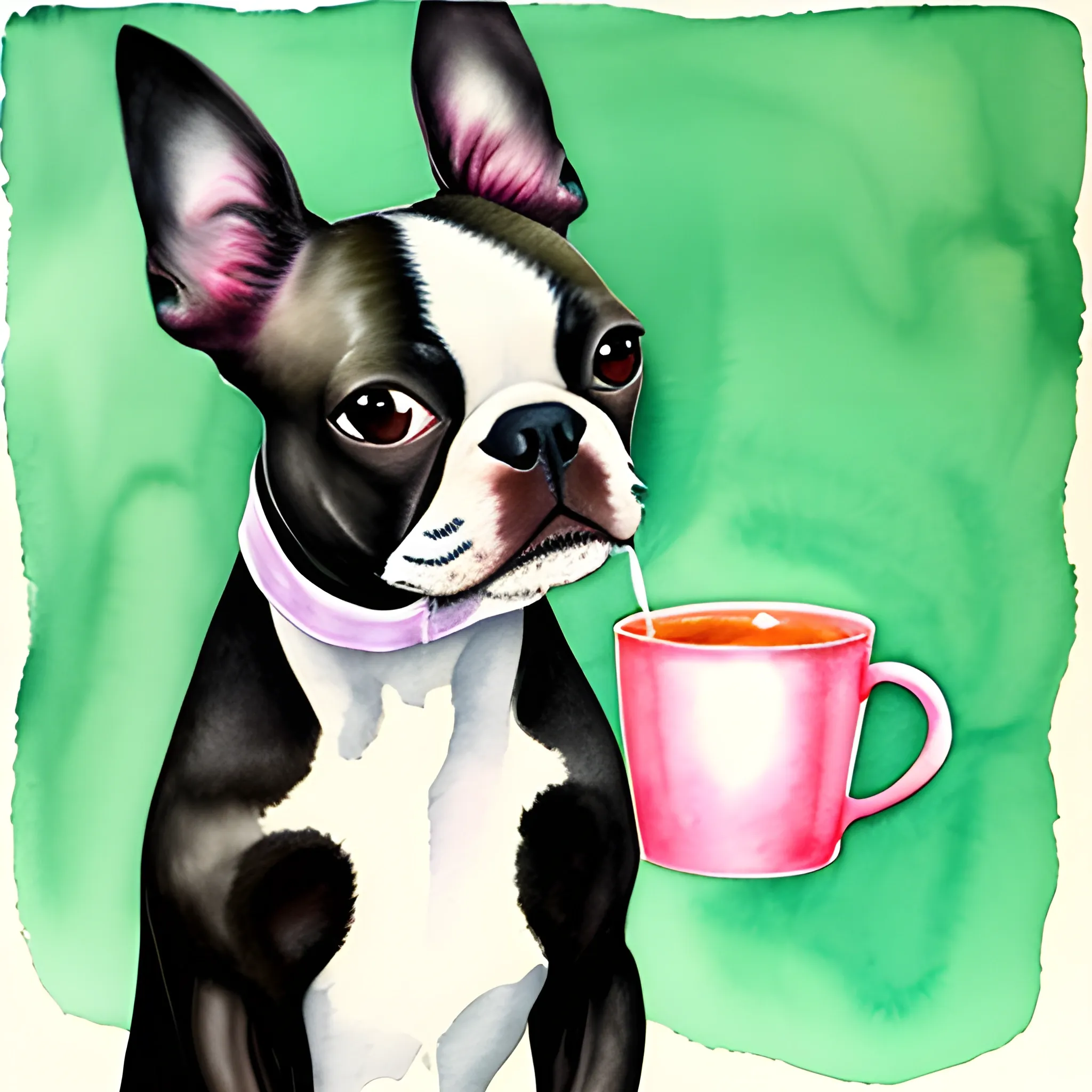 boston terrier drinking tea, Water Color