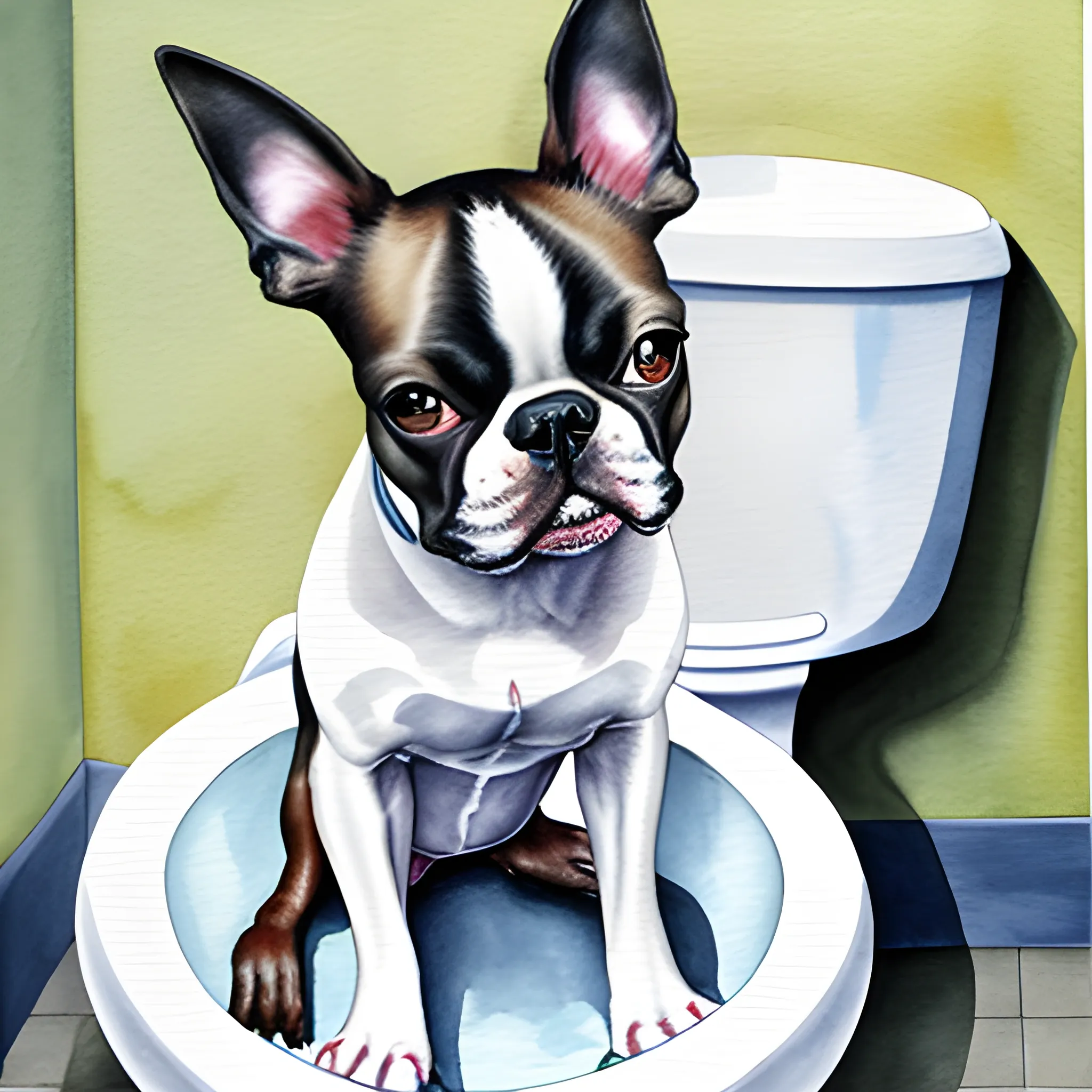 
boston terrier sitting on toilet, Water Color