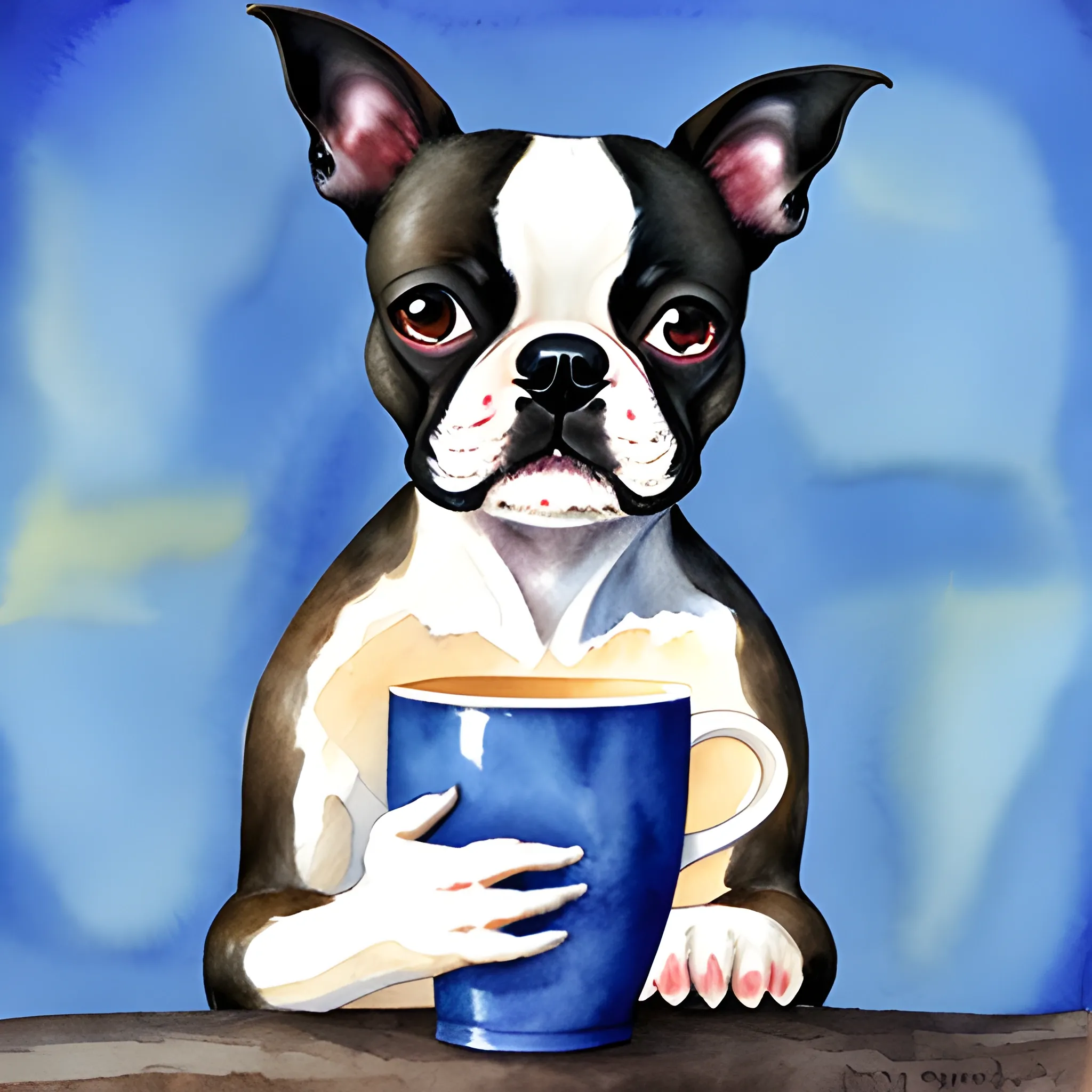 
boston terrier holding cup of tea with paw, Water Color