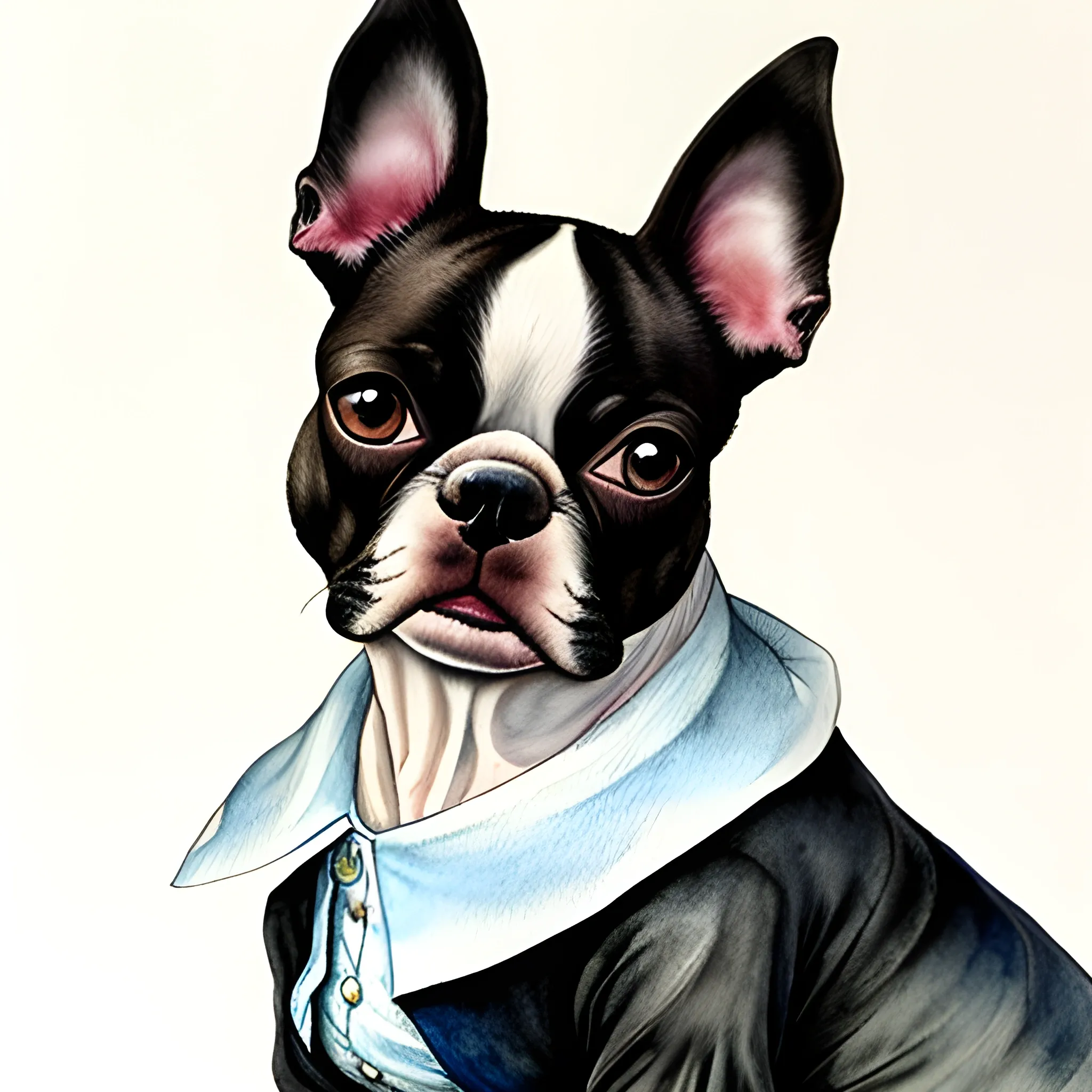 
female boston terrier with dress, in the style of beatrix potter, Water Color