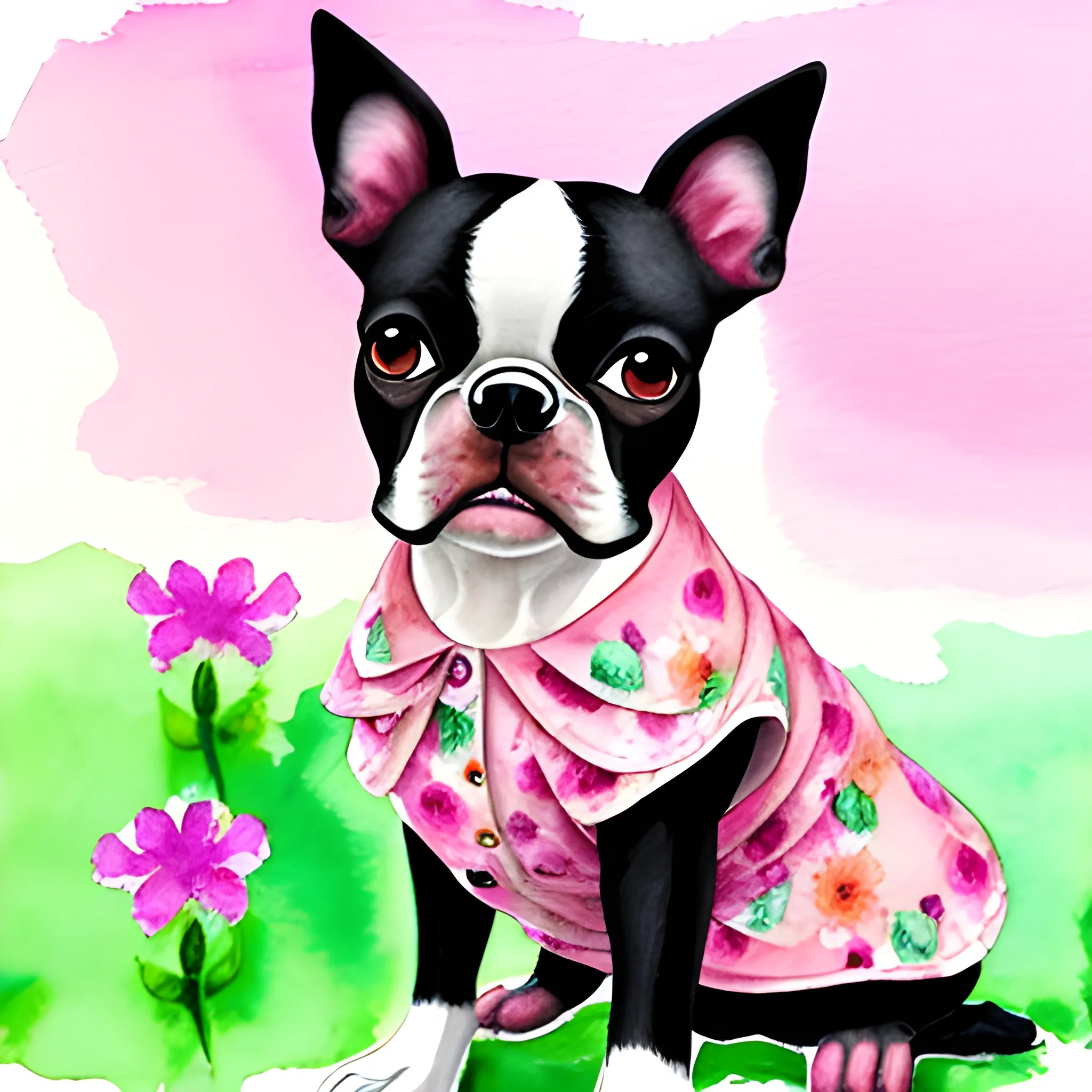 
boston terrier in pink flower dress, Water Color