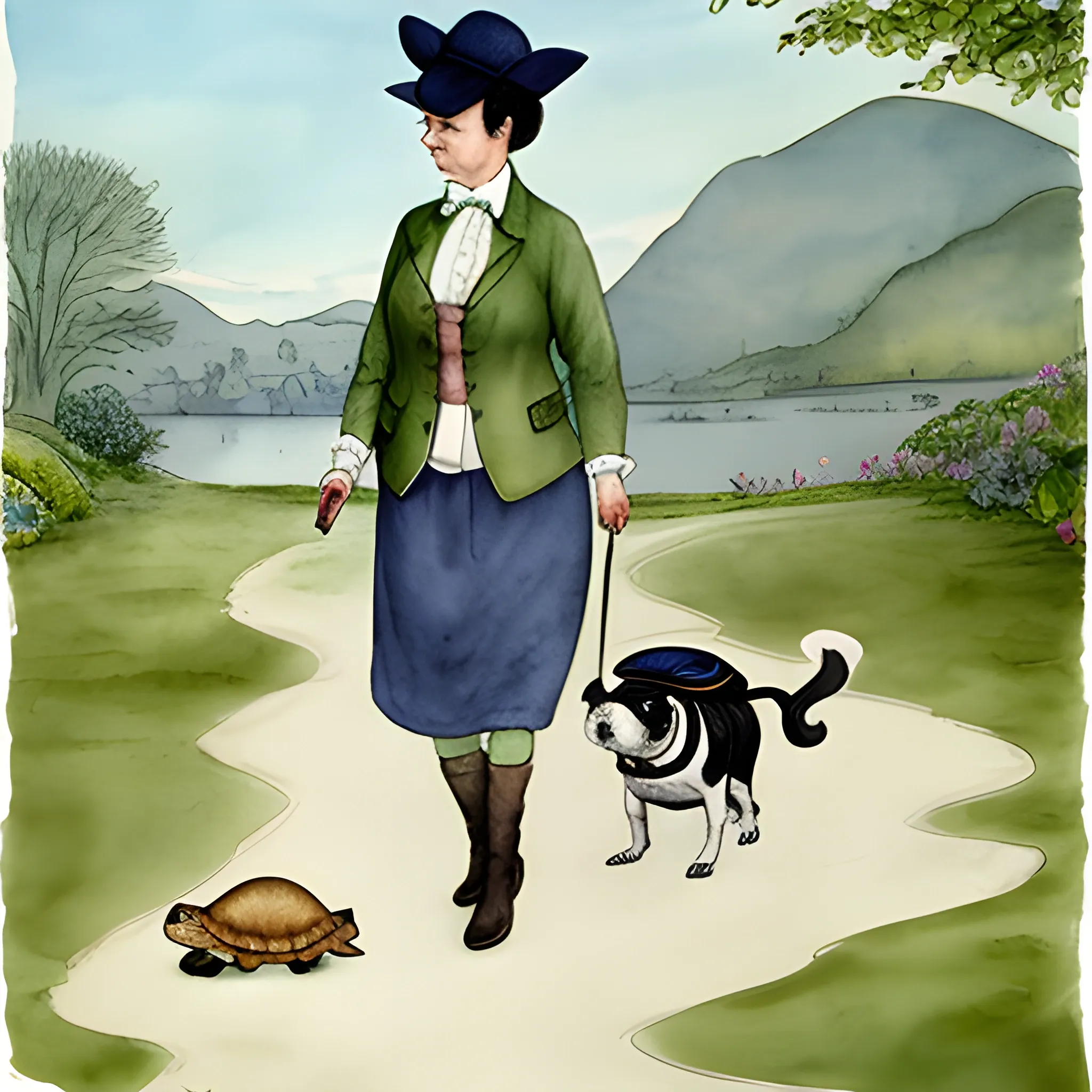 
boston terrier in style beatrix potter with turtle walking, Water Color