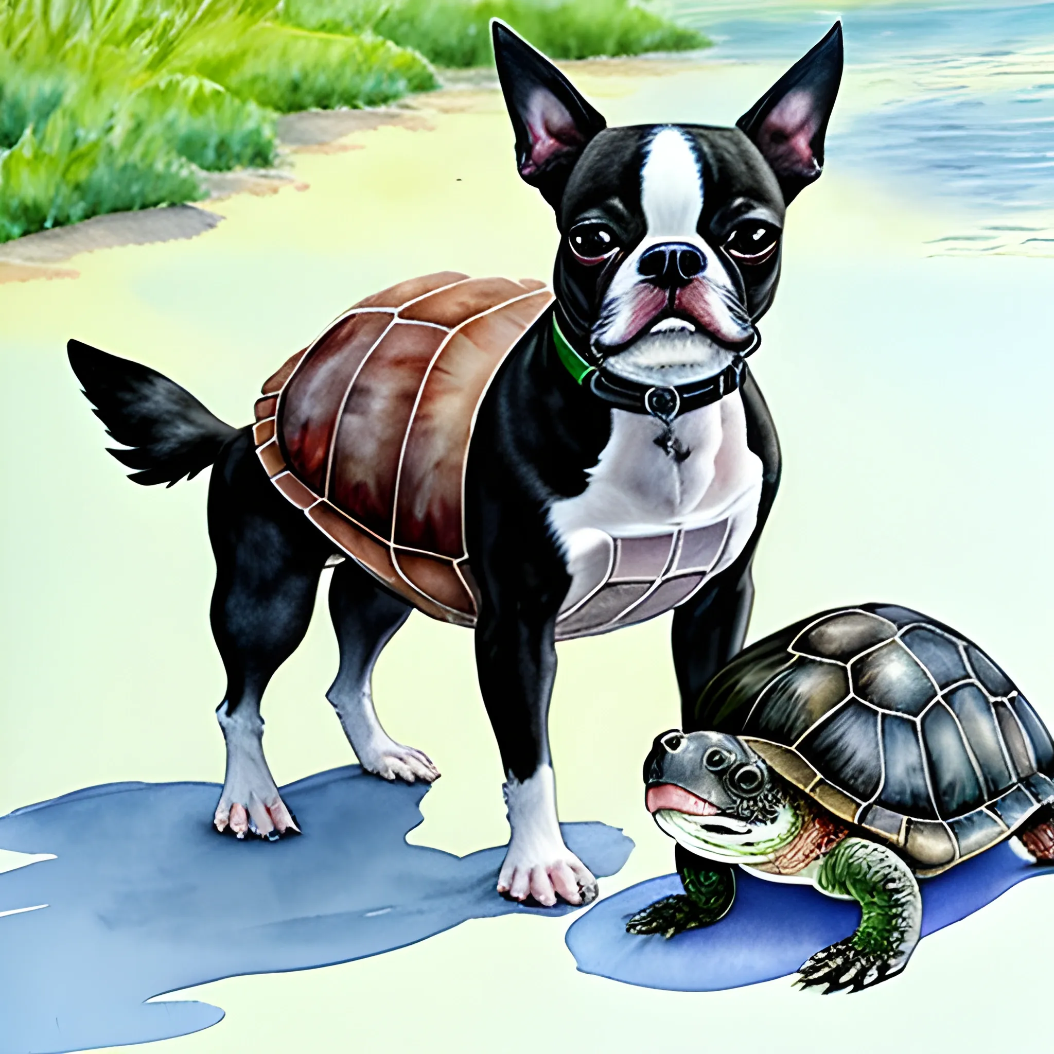 
boston terrier with turtle walking, Water Color