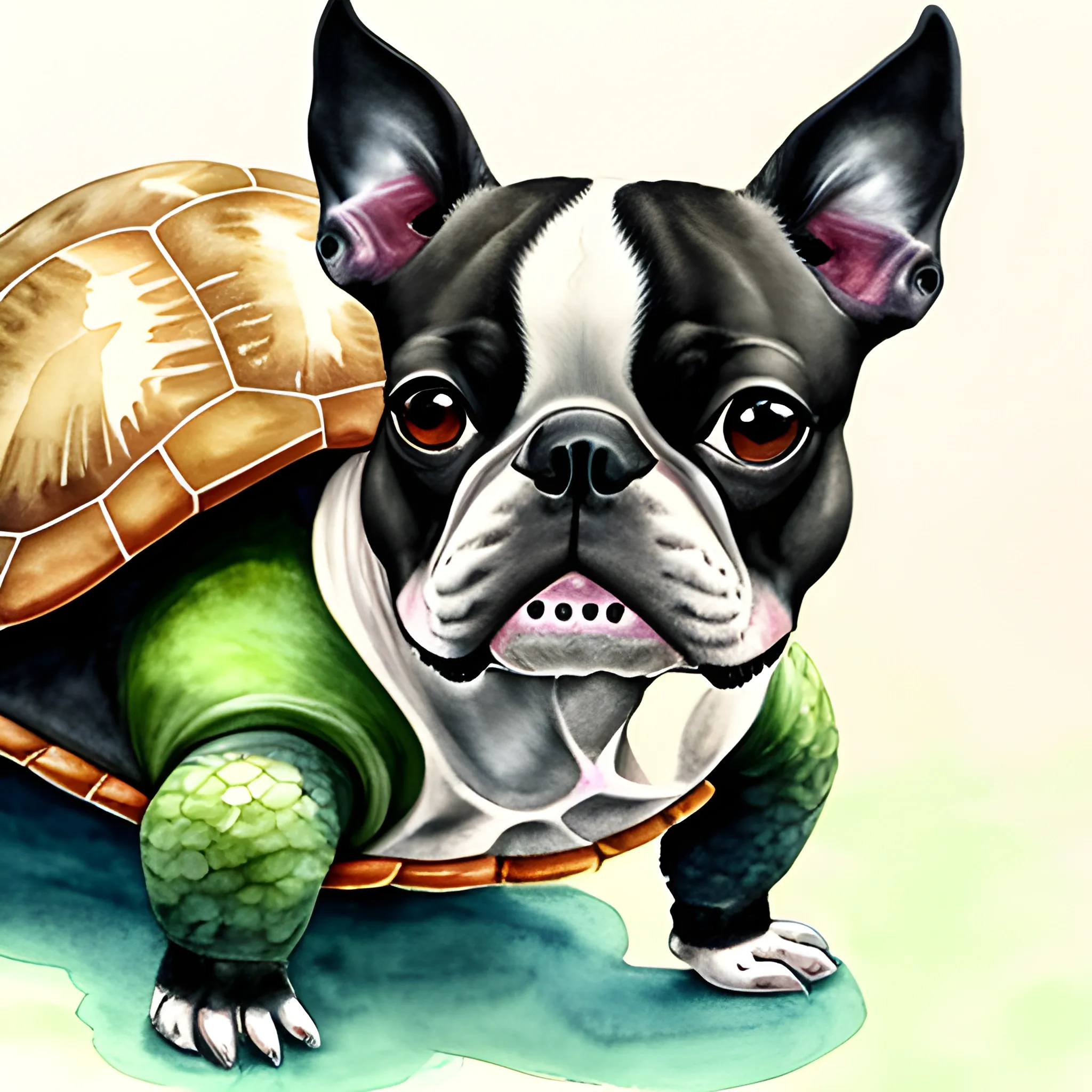 
boston terrier with turtle walking like humans in the rain, Water Color