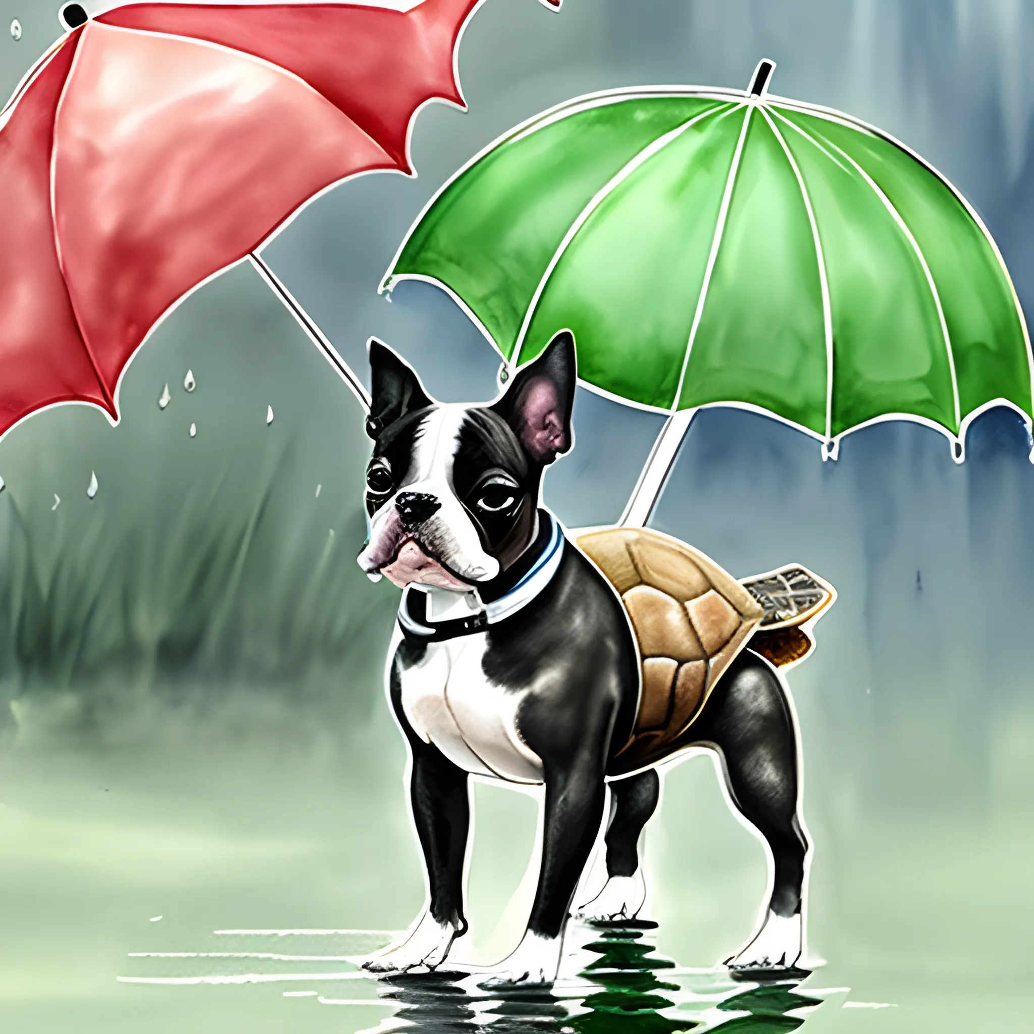 
boston terrier with turtle, walking together like humans in the rain, Water Color