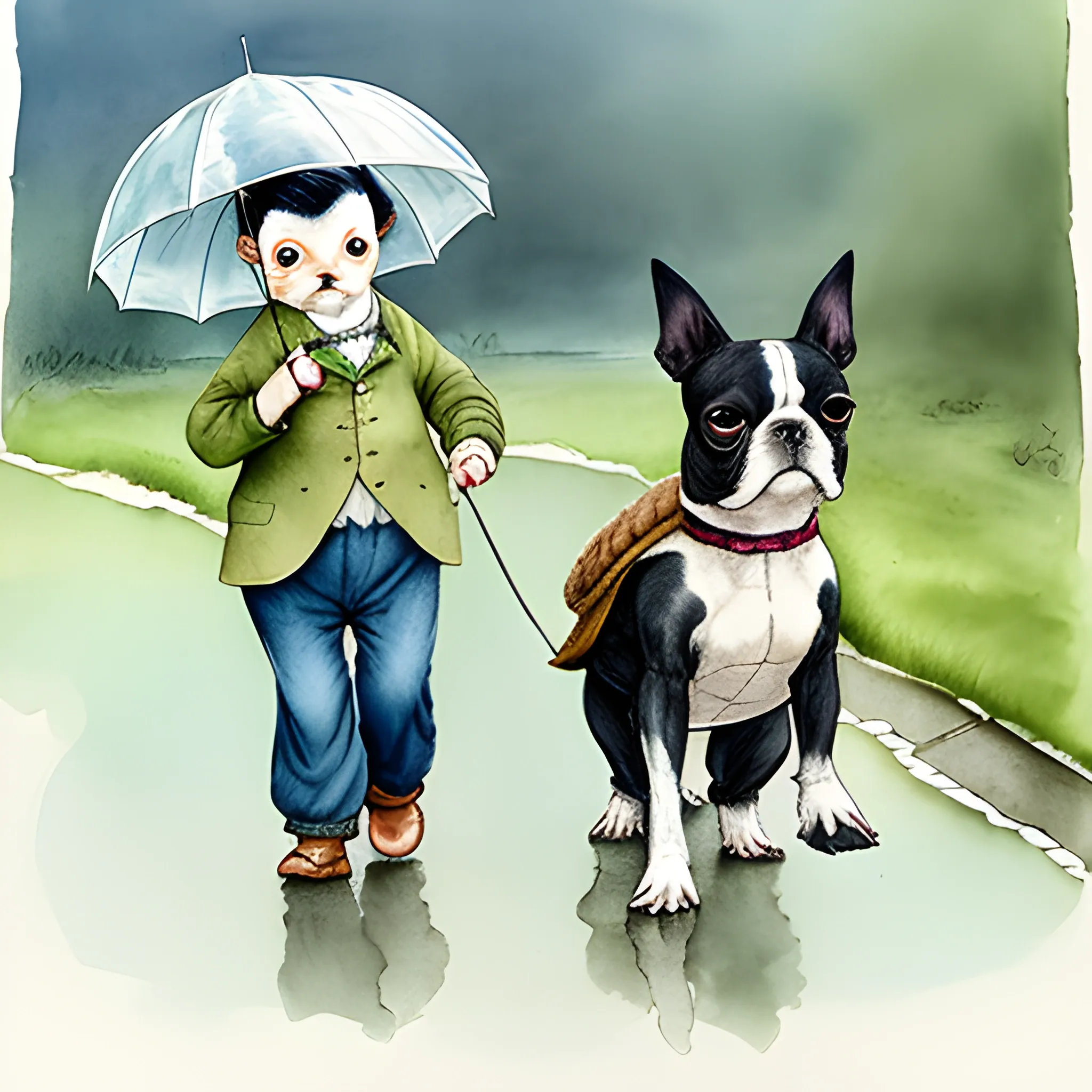 
boston terrier with turtle, walking together like humans in the rain, style beatrix potter, Water Color