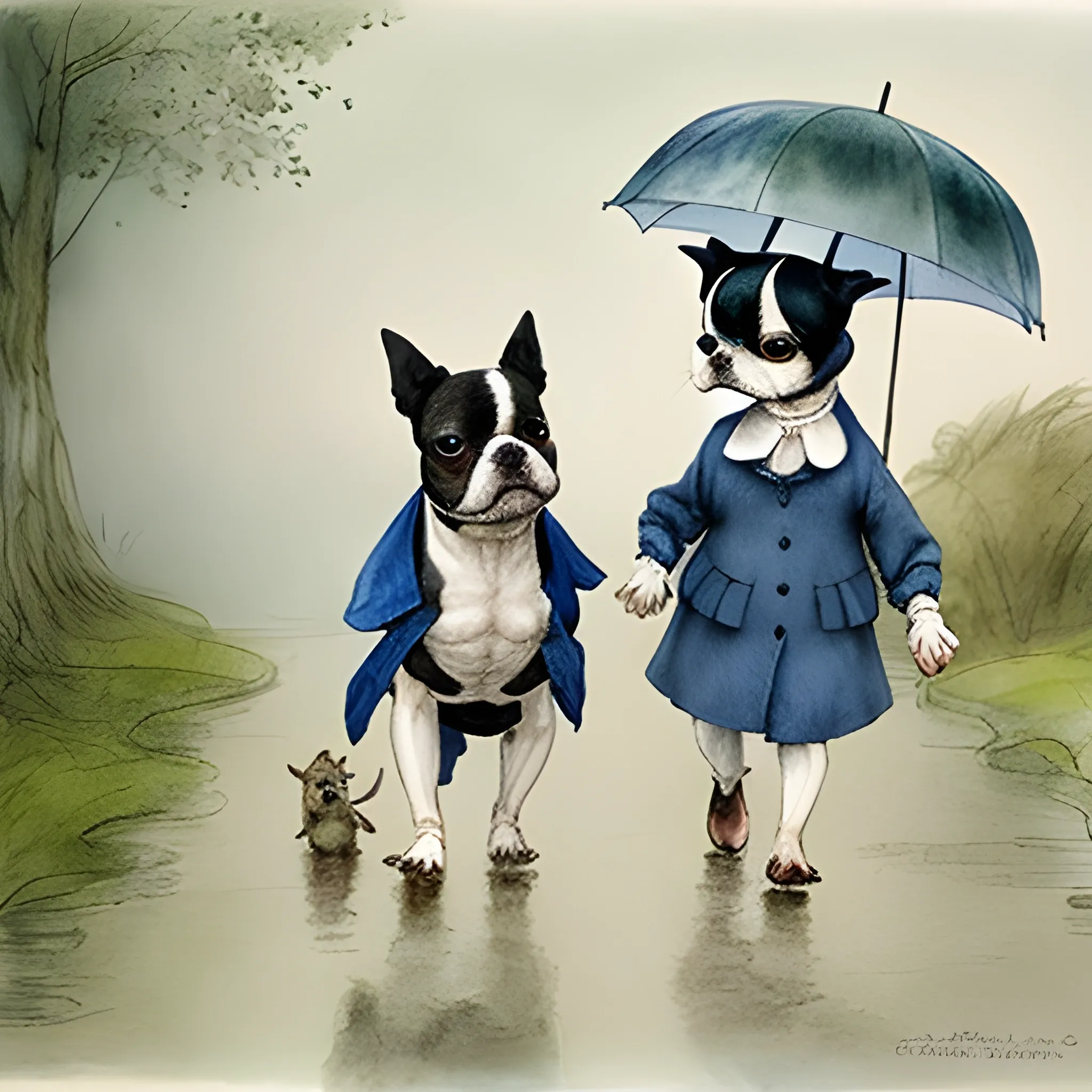 
boston terrier with friend turtle, walking together like humans in the rain, style beatrix potter, Water Color