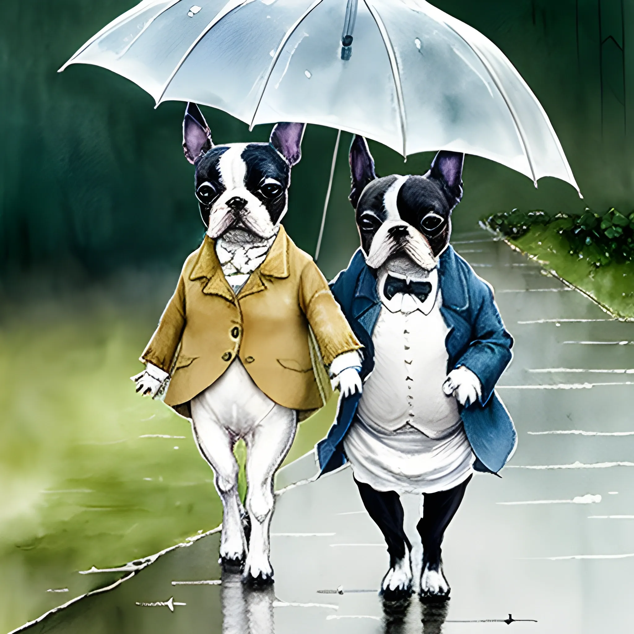 
boston terrier with friend, walking together like humans in the rain, style beatrix potter, Water Color