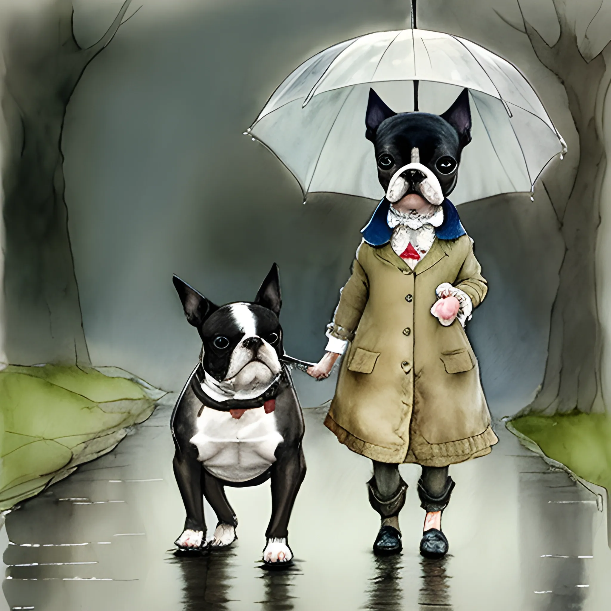 
boston terrier with animal friend, walking together like humans in the rain, style beatrix potter, Water Color