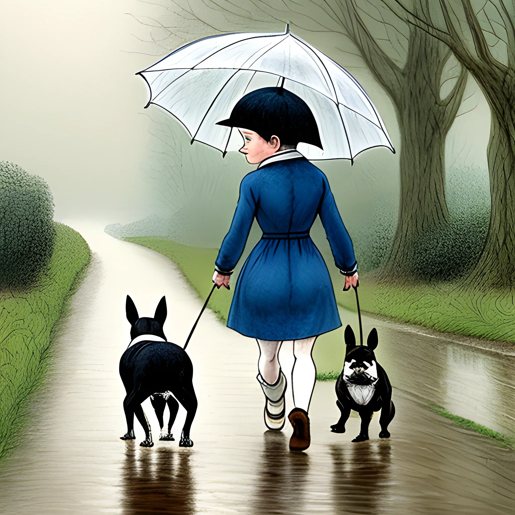 
boston terrier with animal friend, walking together like humans in the rain, style beatrix potter, Cartoon