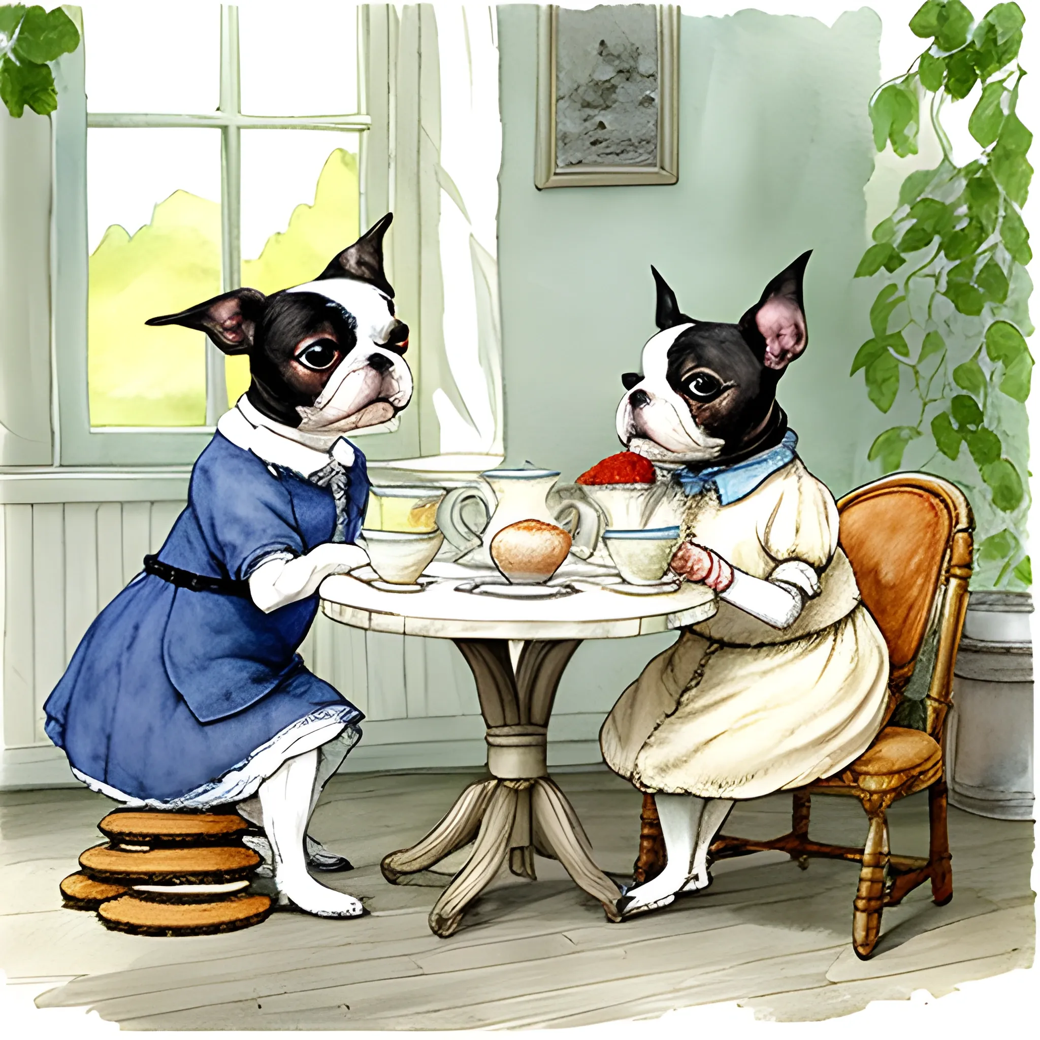 
boston terrier having tea with cookies with friend, style beatrix potter, Water Color