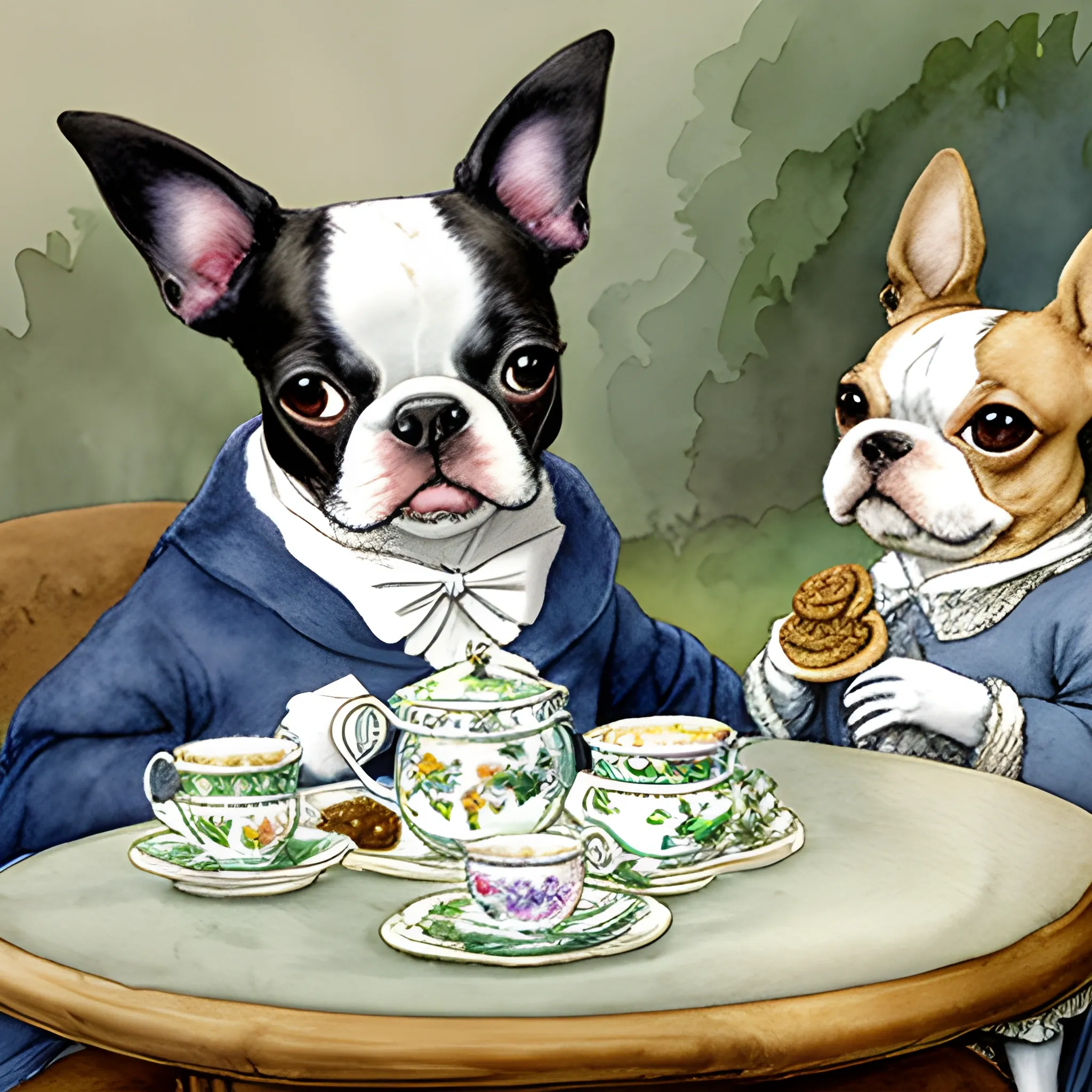 
boston terrier having tea with cookies with friend, style beatrix potter, Water Color