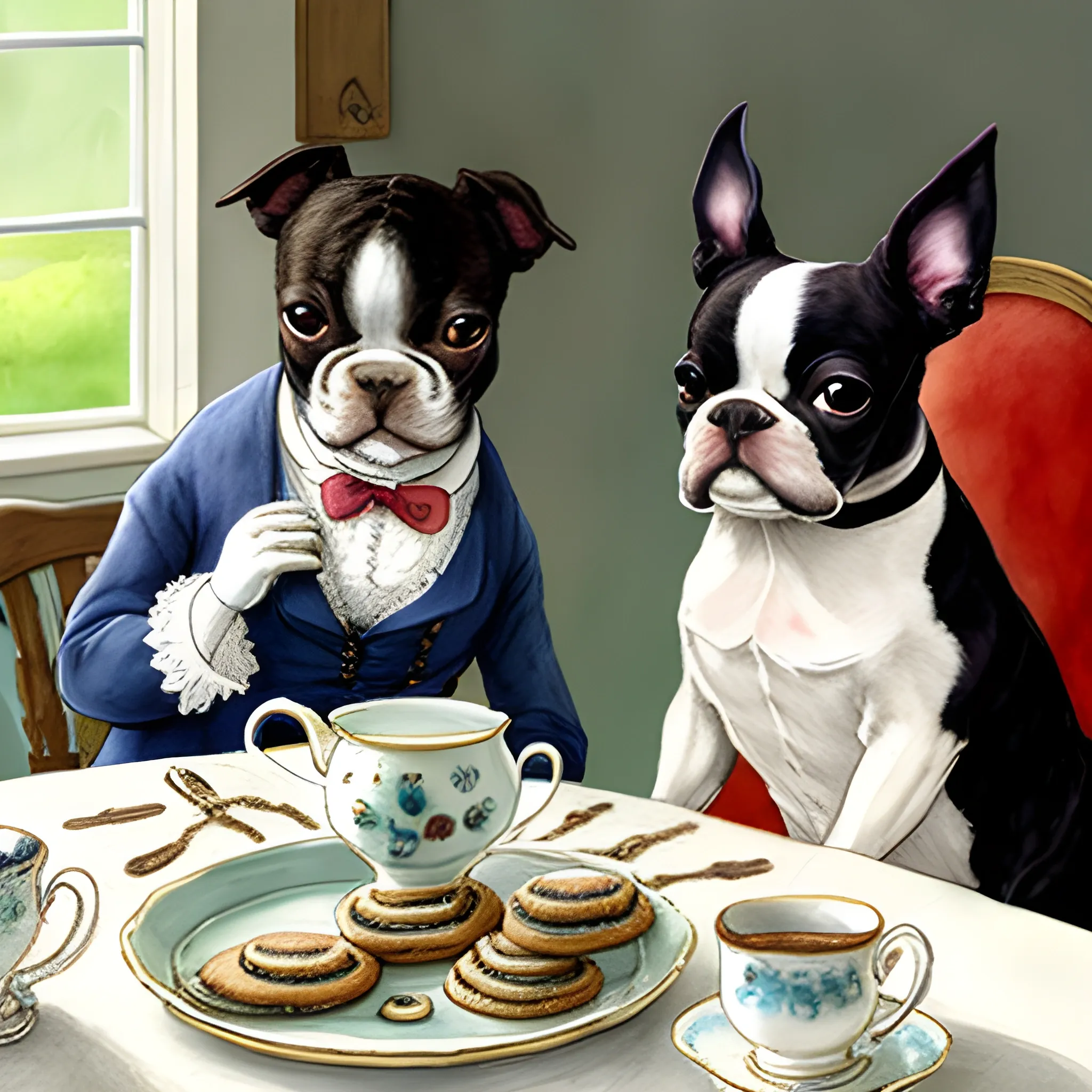 
boston terrier having tea with cookies with friend, style beatrix potter, Water Color