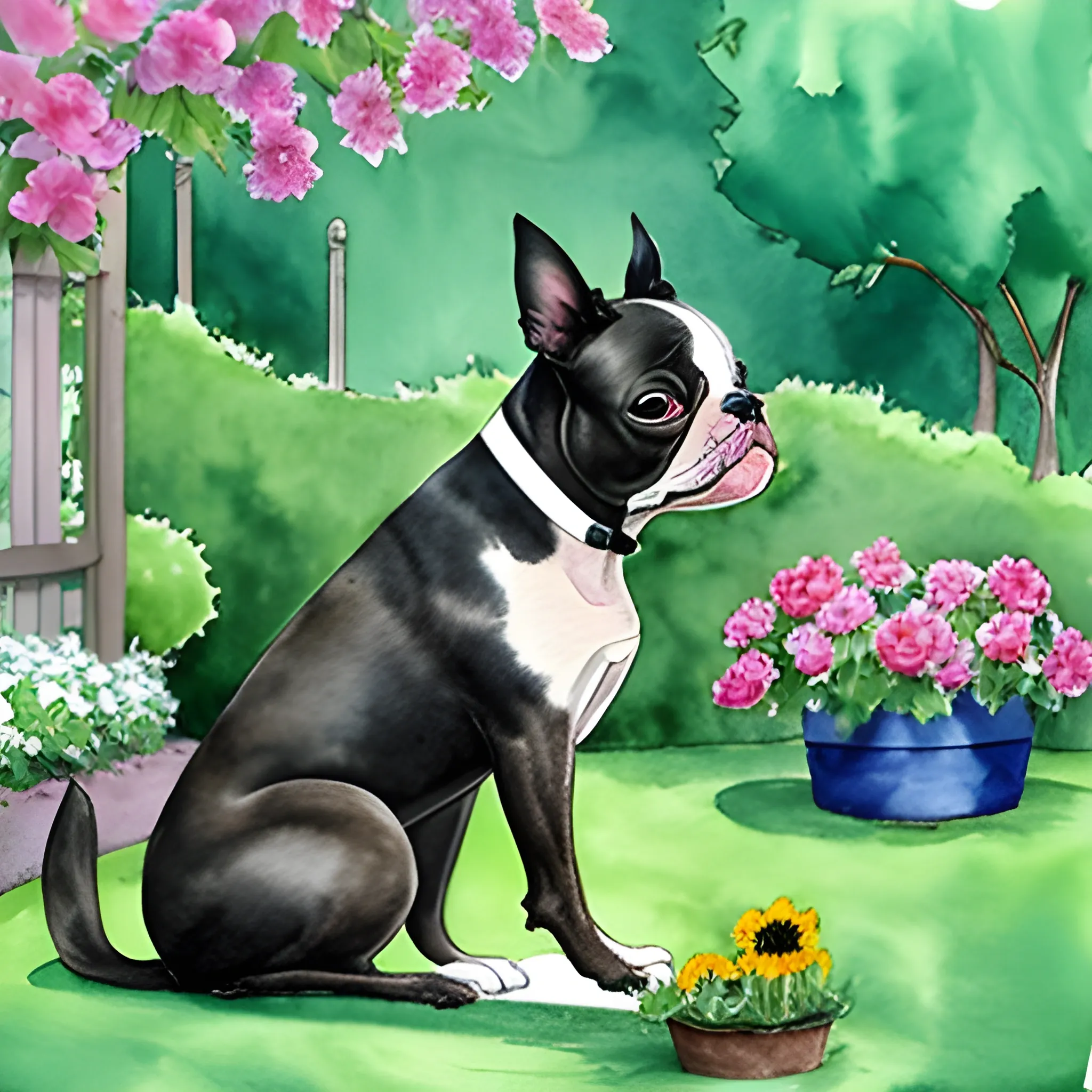 boston terrier watering flowers in yard, Water Color