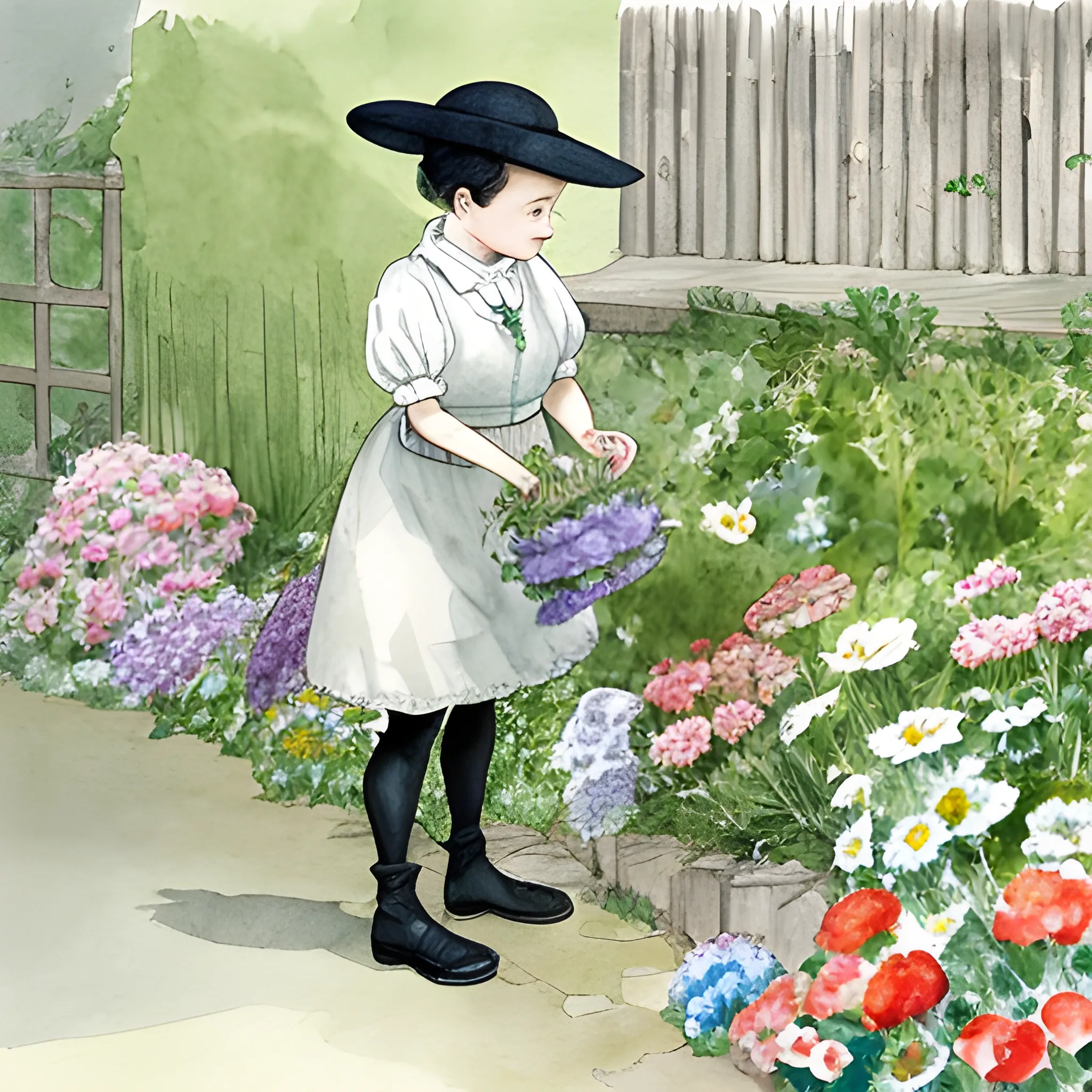 boston terrier watering flowers in yard, style beatrix potter, Water Color