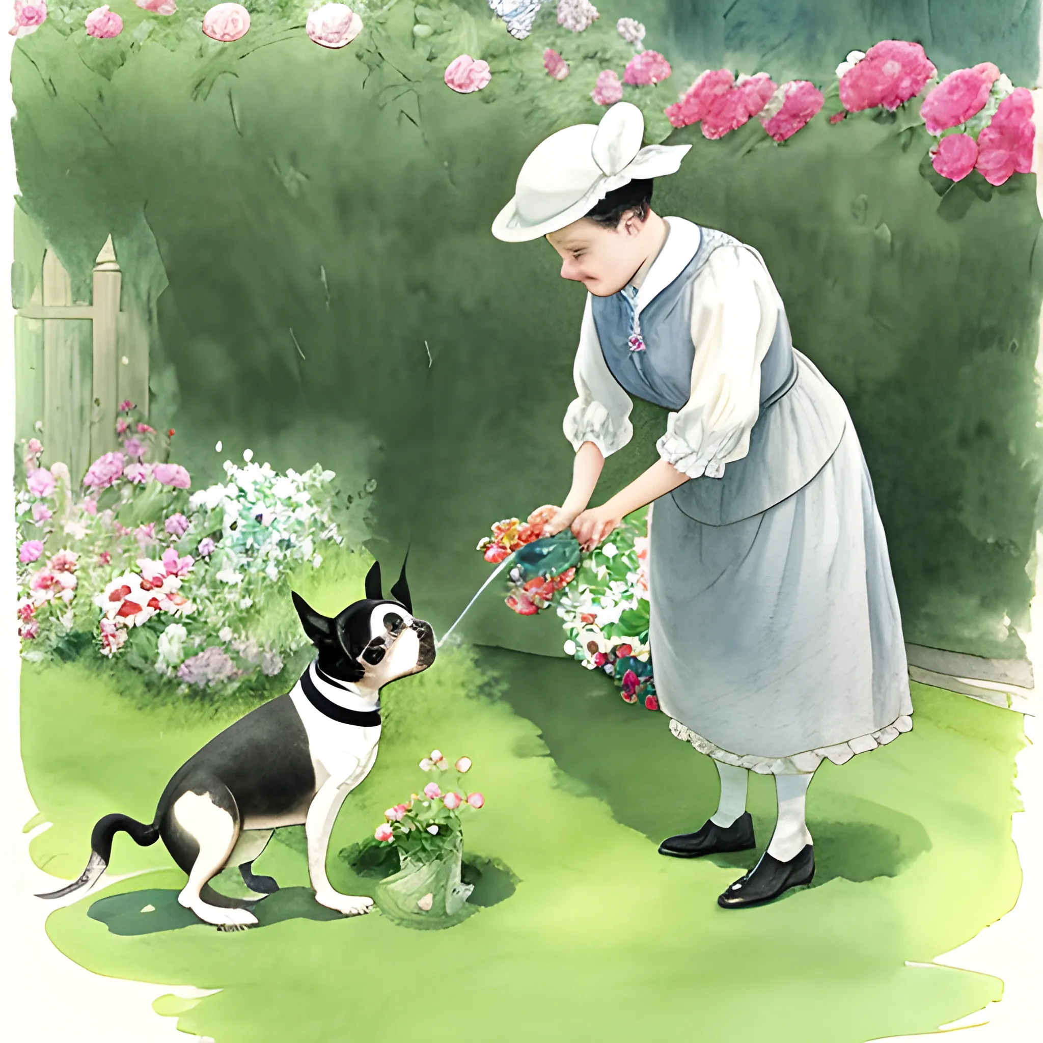 boston terrier watering flowers in yard, in style beatrix potter, Water Color