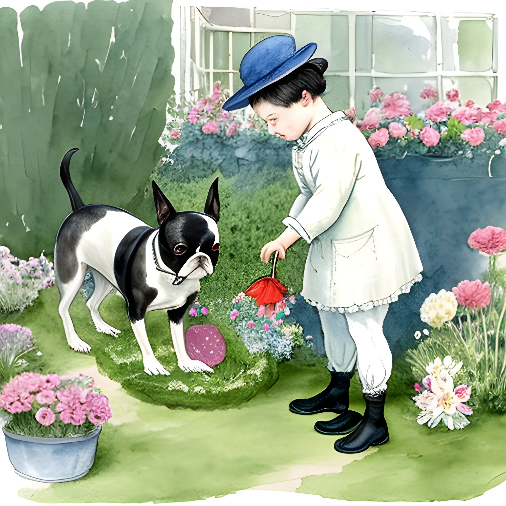 boston terrier watering flowers in yard in style beatrix potter, Water Color