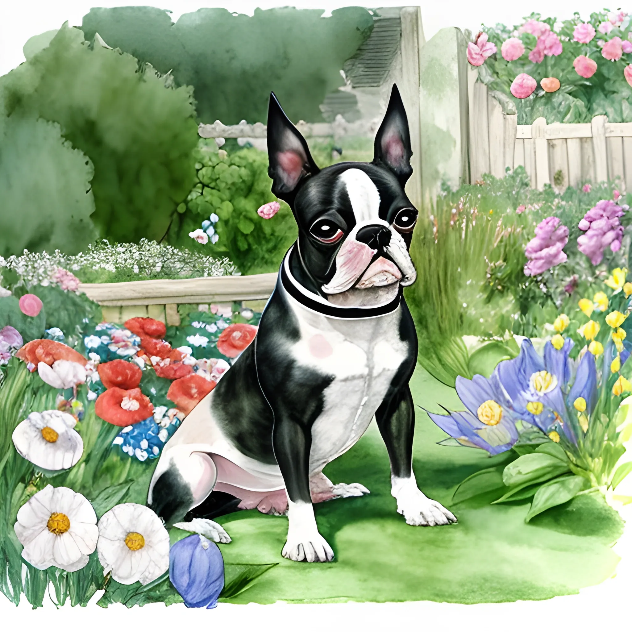 boston terrier water flowers in yard in style beatrix potter, Water Color