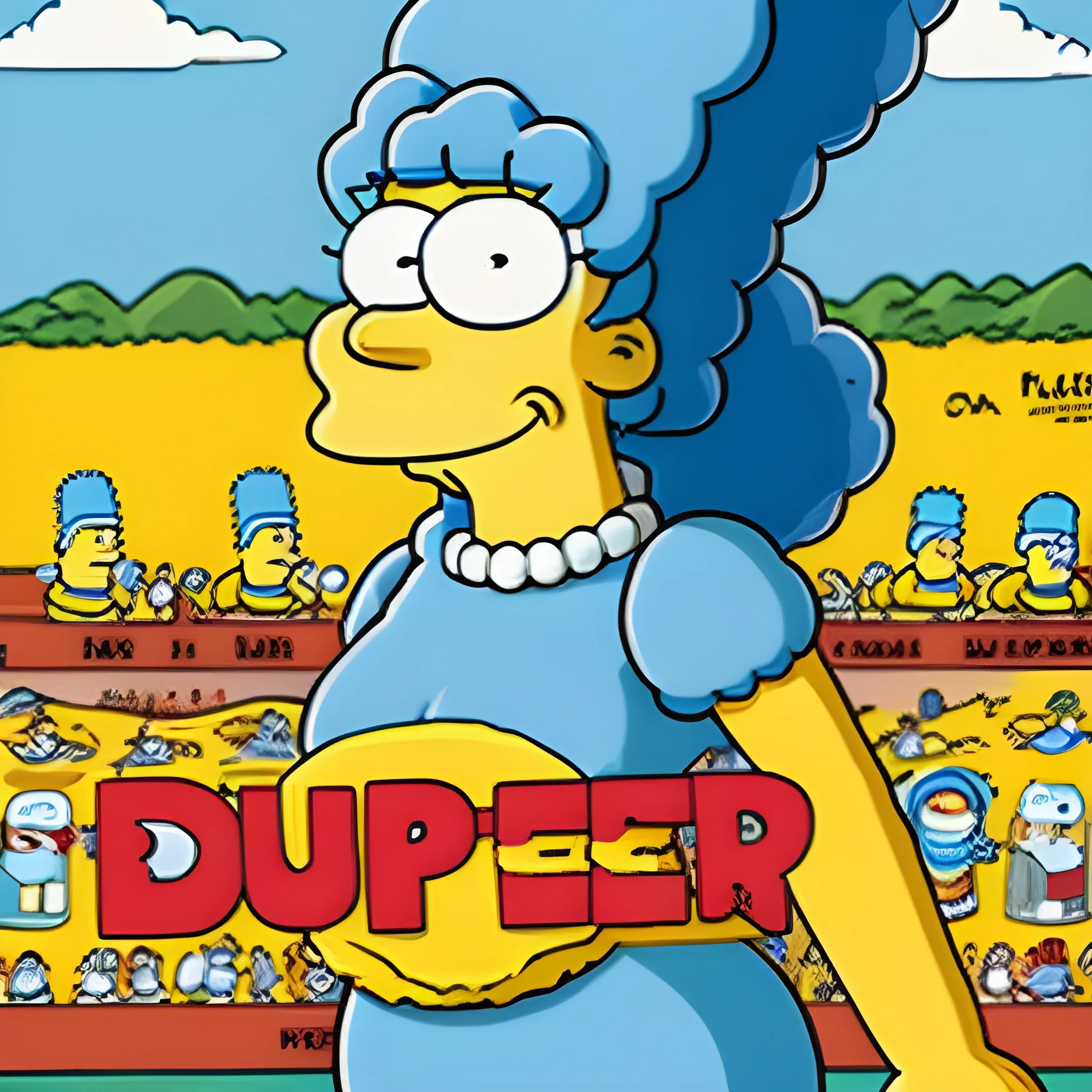 Marge Simpson from The Simpsons on a landscape-format banner ad promoting Duff Beer. Drawn in typical style of Matt Groening's Simpsons