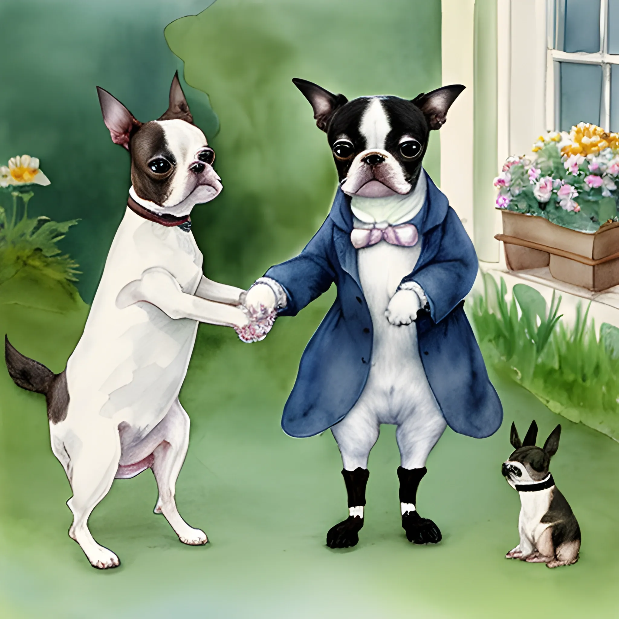 
boston terrier holds friend's hand in style beatrix potter, Water Color