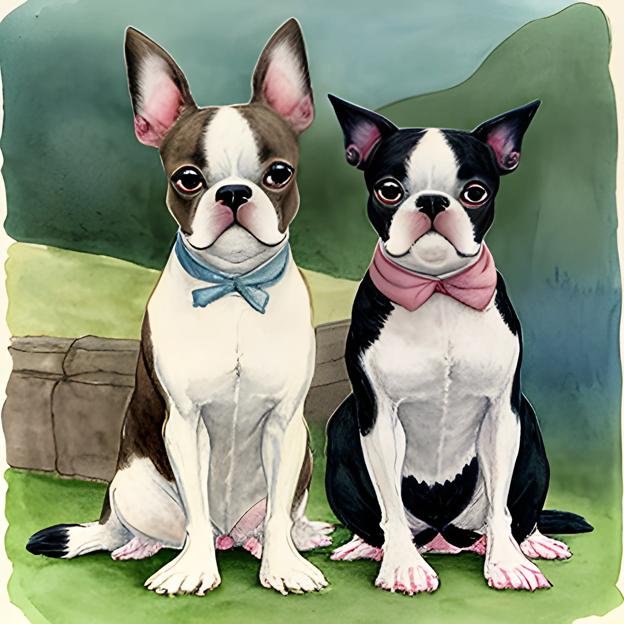 
boston terrier holds friend's hand happy in style beatrix potter, Water Color