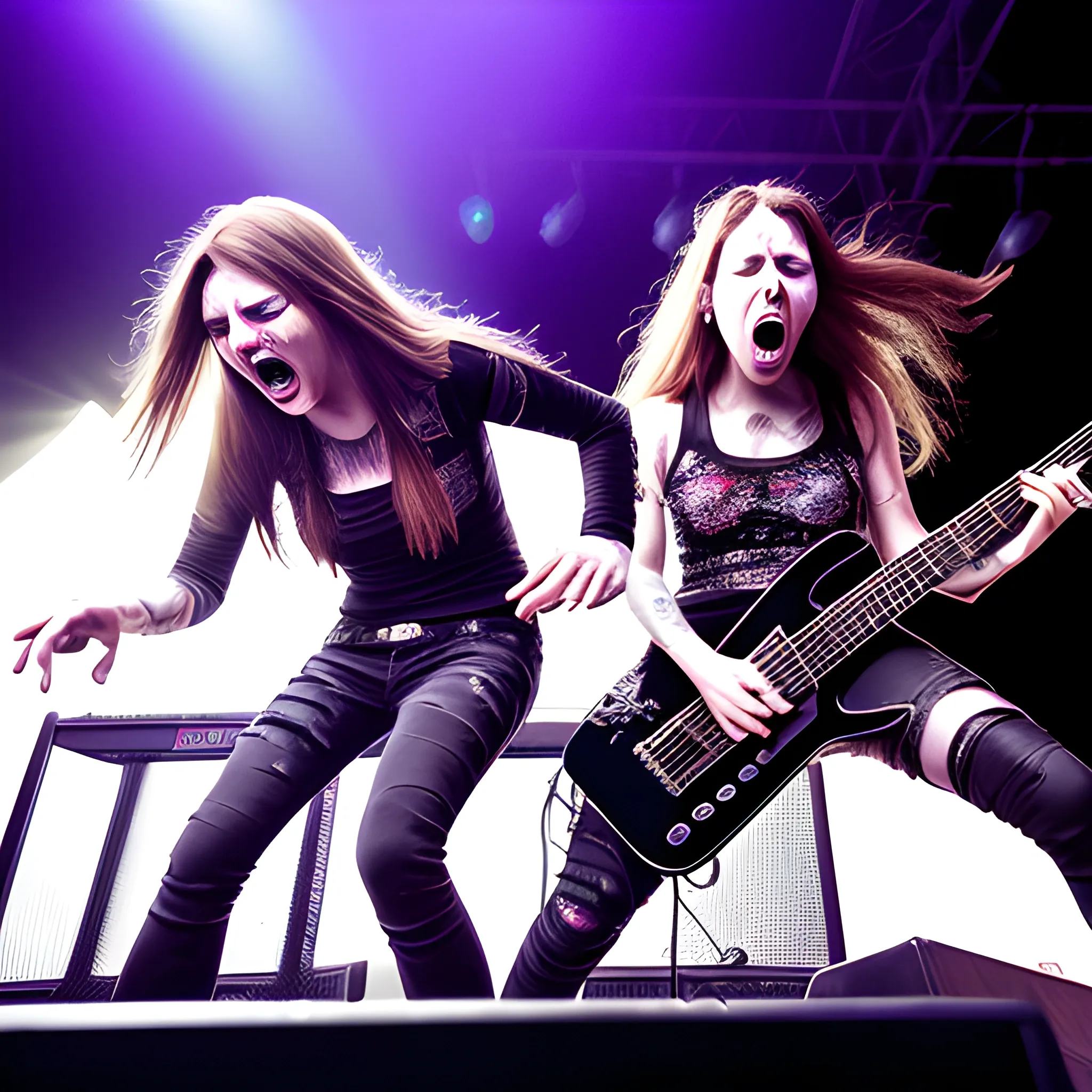 Metal band live on stage female guitarist and female vocalist back to back 
Foot on amp, Trippy
Angled
Screaming
Headbang
Crowd
Chiaroscuro 