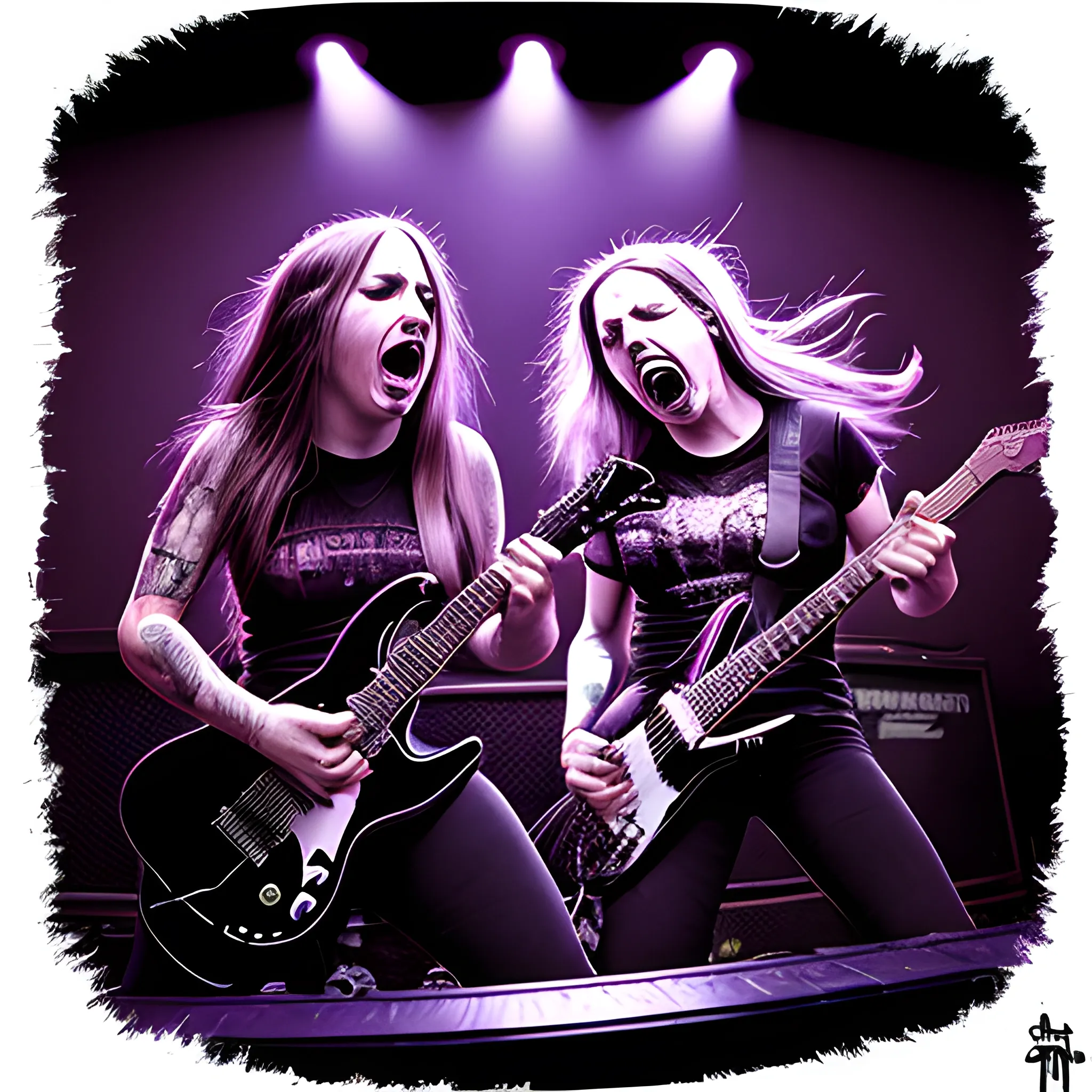 Metal band live on stage female guitarist and female vocalist back to back 
Foot on amp, Trippy
Angled
Screaming
Headbang
Crowd
Chiaroscuro 