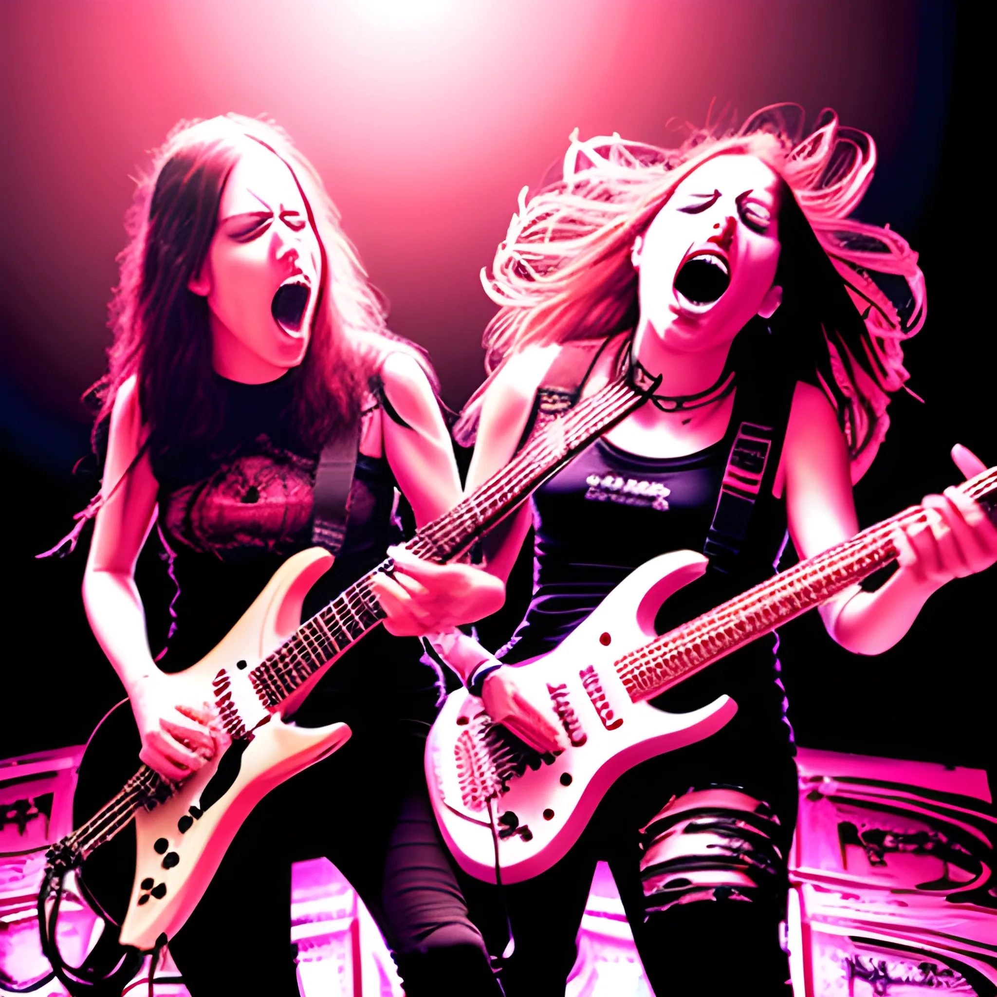 Metal band live on stage female guitarist and female vocalist back to back 
Foot on amp, Trippy
Angled
Screaming
Headbang
Crowd
Chiaroscuro , Cartoon