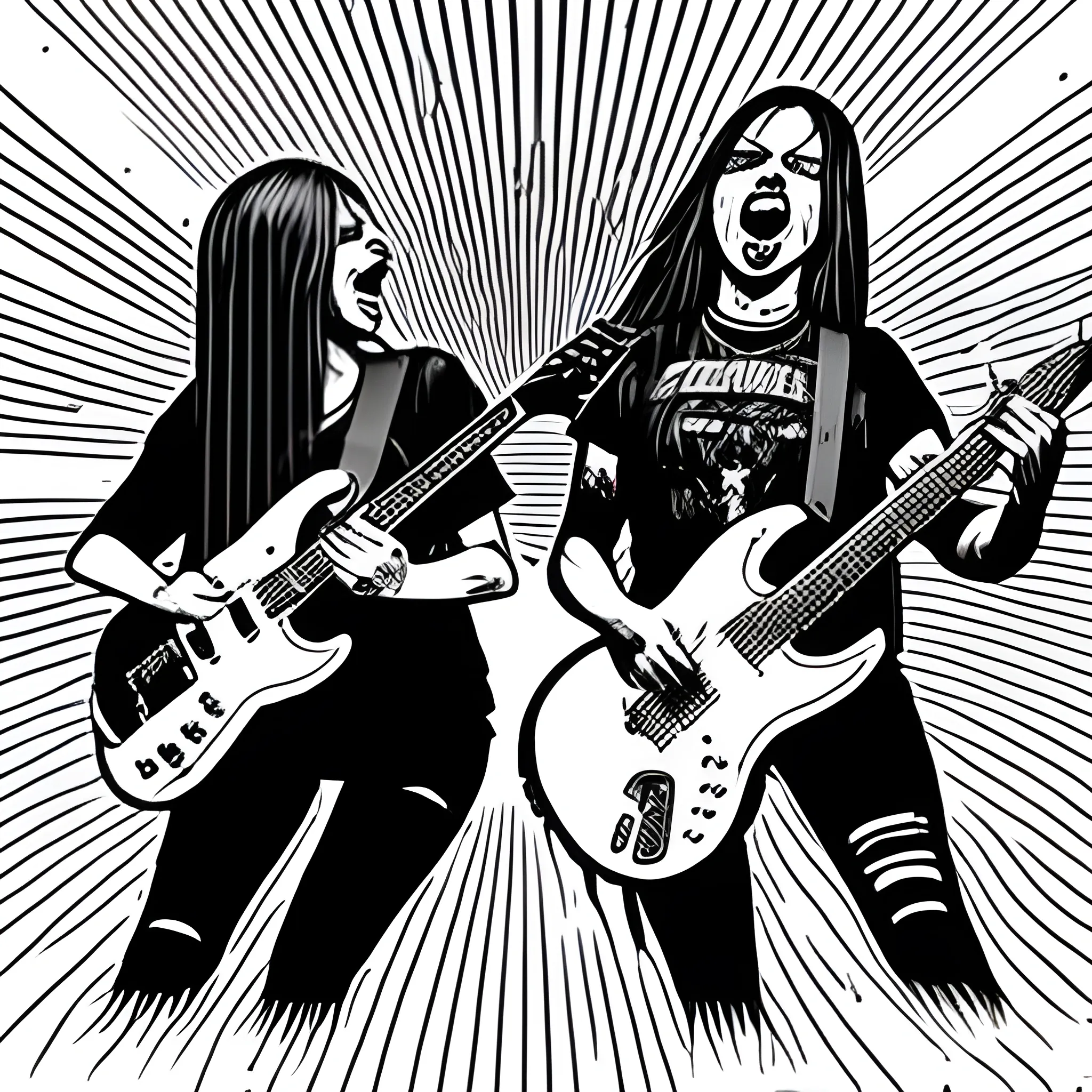 Metal band live on stage female guitarist and female vocalist back to back 
Foot on amp, Trippy
Angled
Screaming
Headbang
Crowd
Chiaroscuro , Cartoon