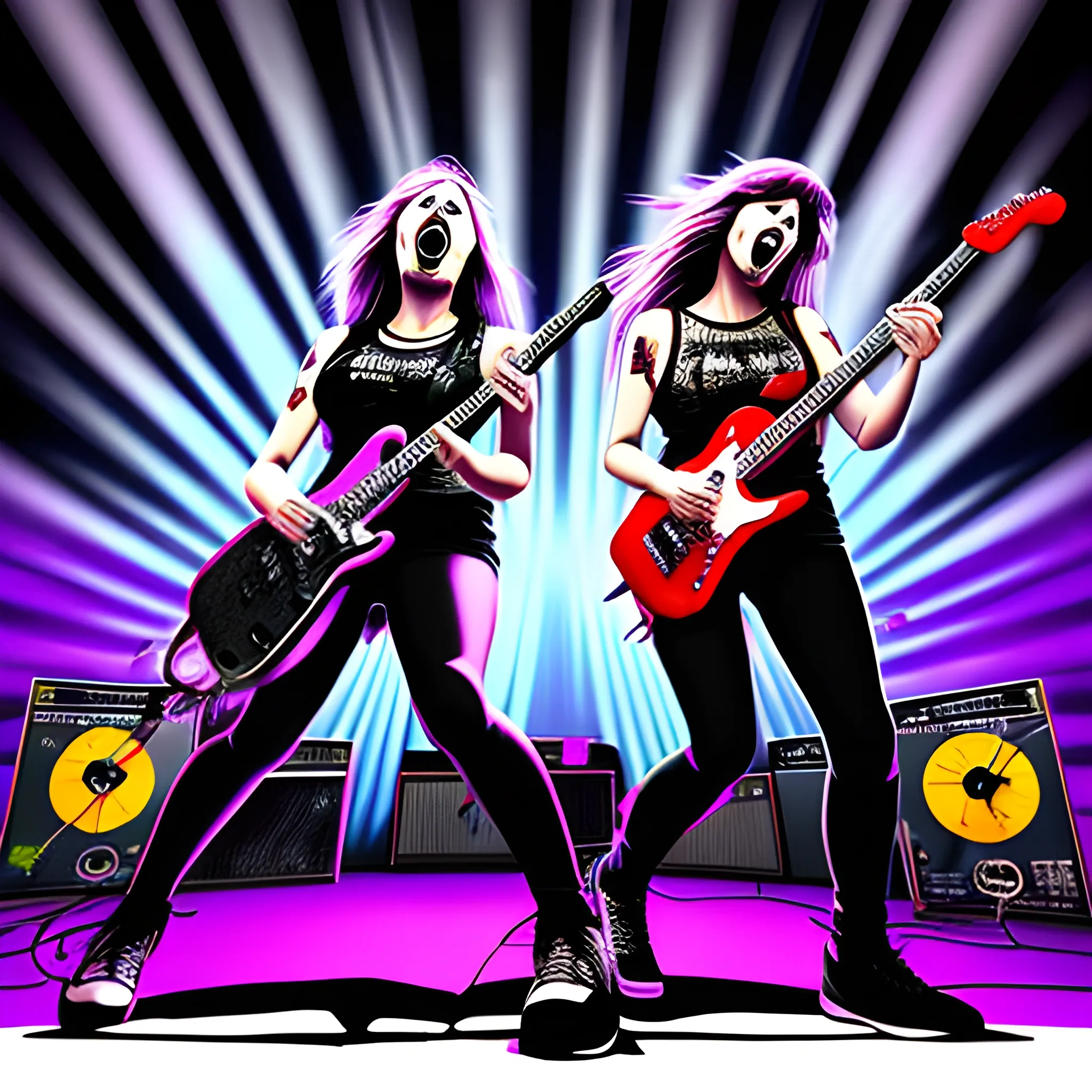 Metal band live on stage female guitarist and female vocalist back to back 
Foot on amp, Trippy
Angled
Screaming
Headbang
Crowd
Chiaroscuro , Cartoon