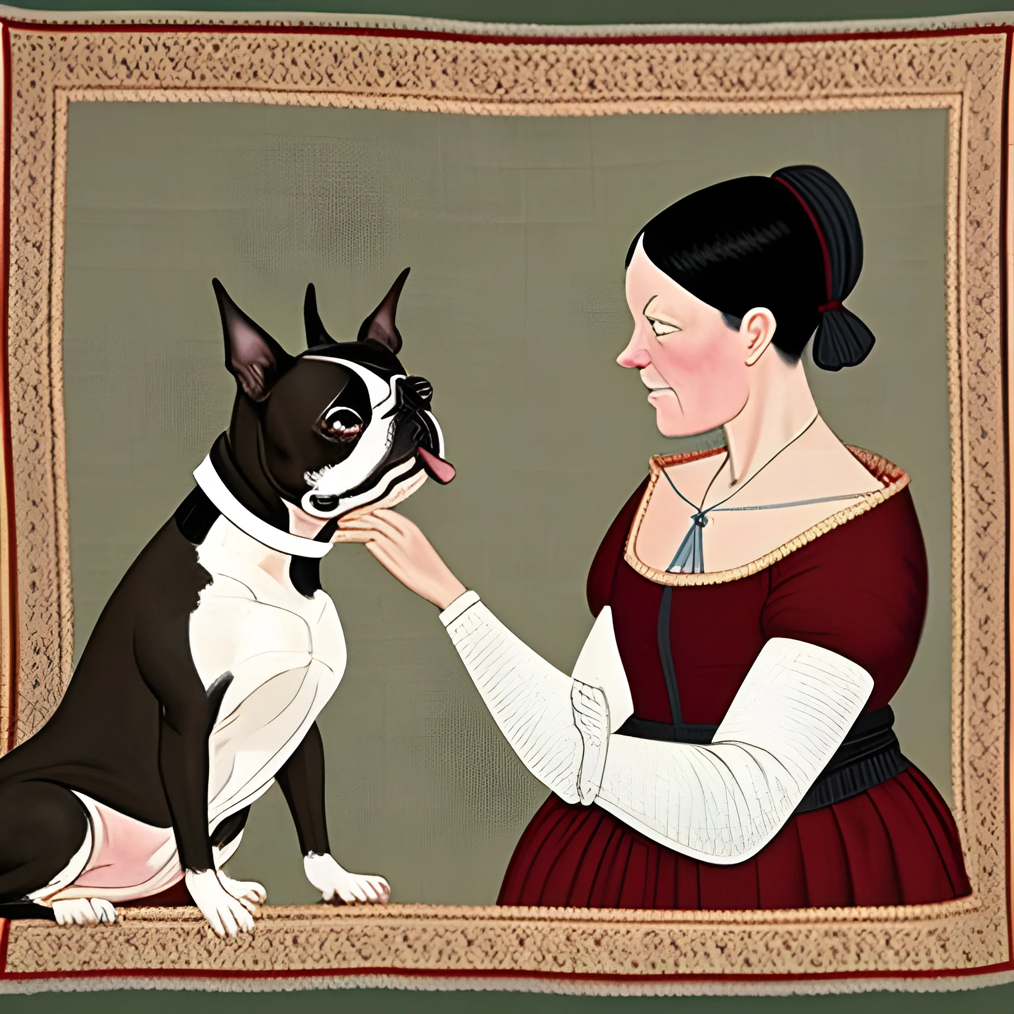 
Medieval tapestry of a Boston Terrier giving poision to a middle aged woman