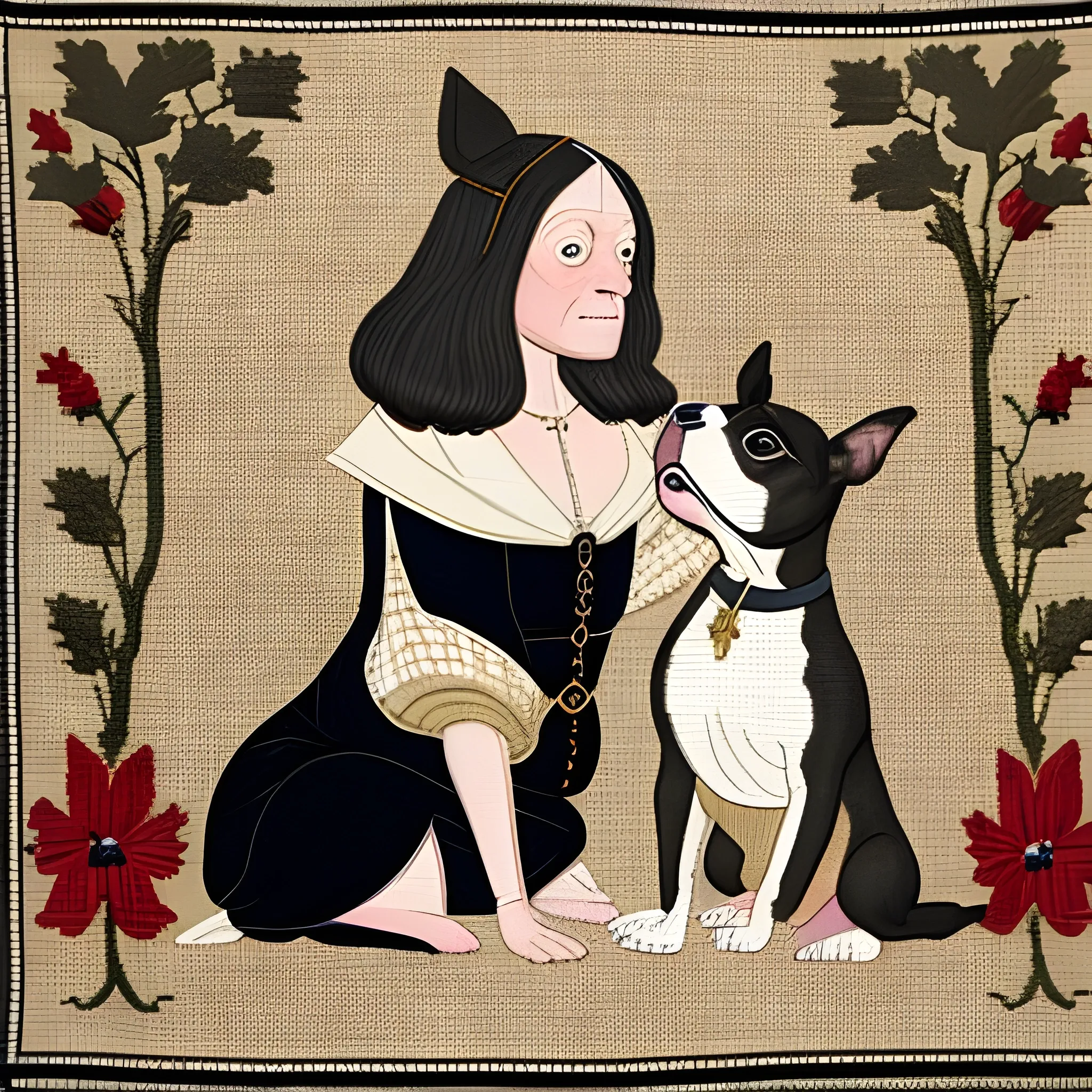 
Medieval tapestry of a Boston Terrier giving poision to a middle aged woman