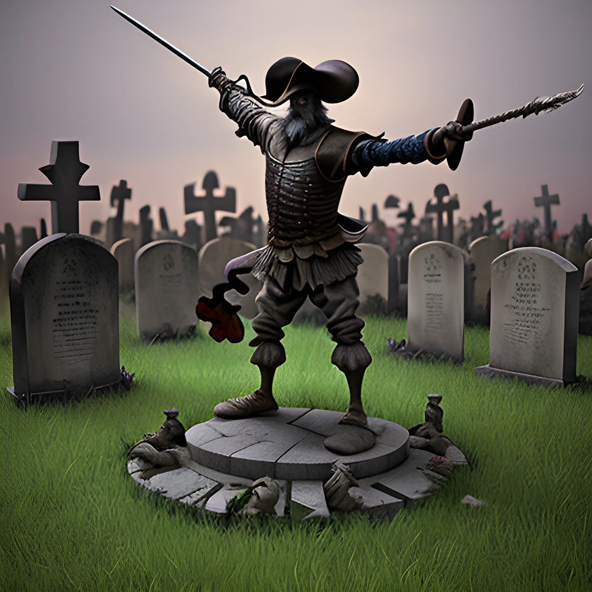 
Don Quixote fighting ghosts and goblins in a graveyard, 3D