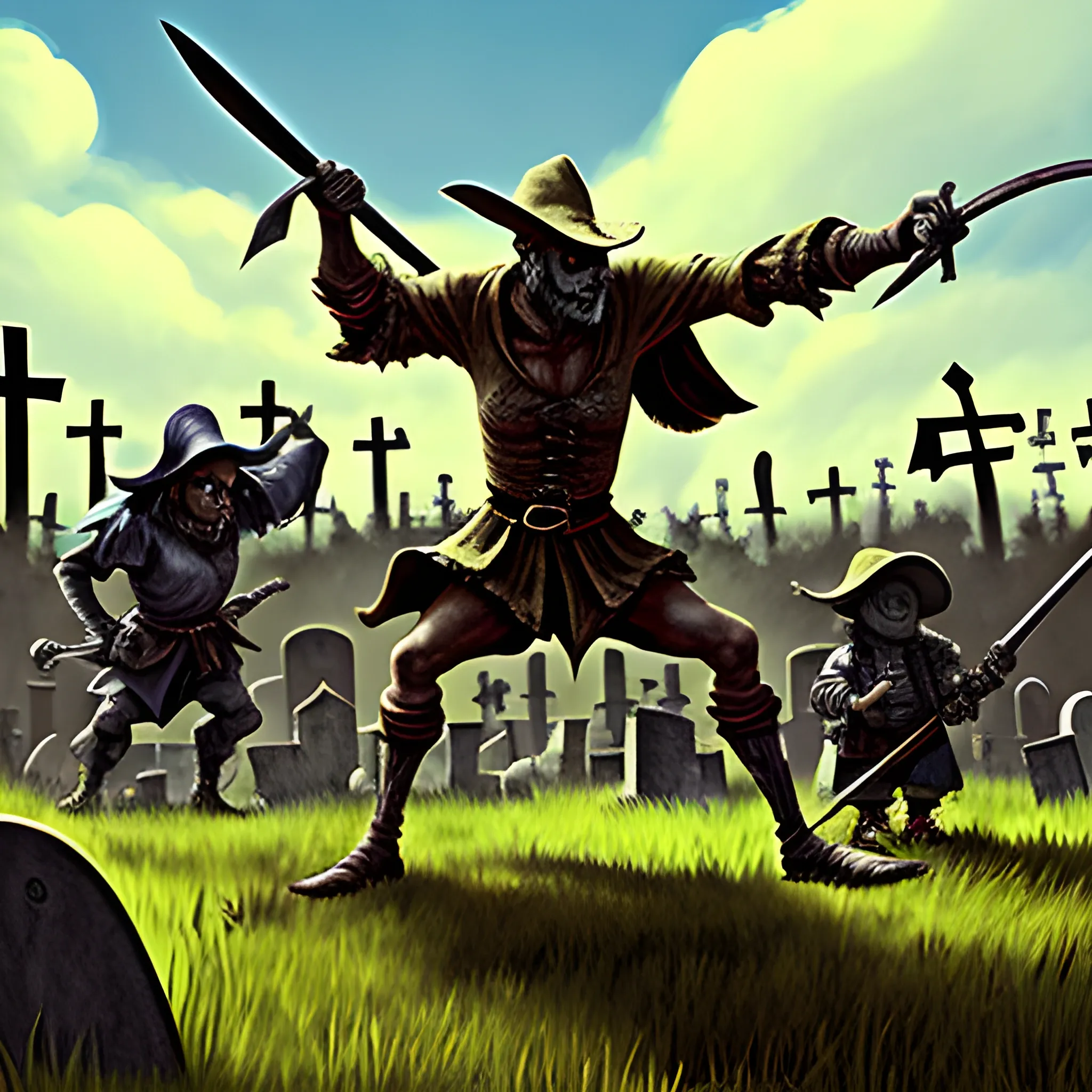 
Don Quixote fighting ghosts and goblins in a graveyard, Playstation style