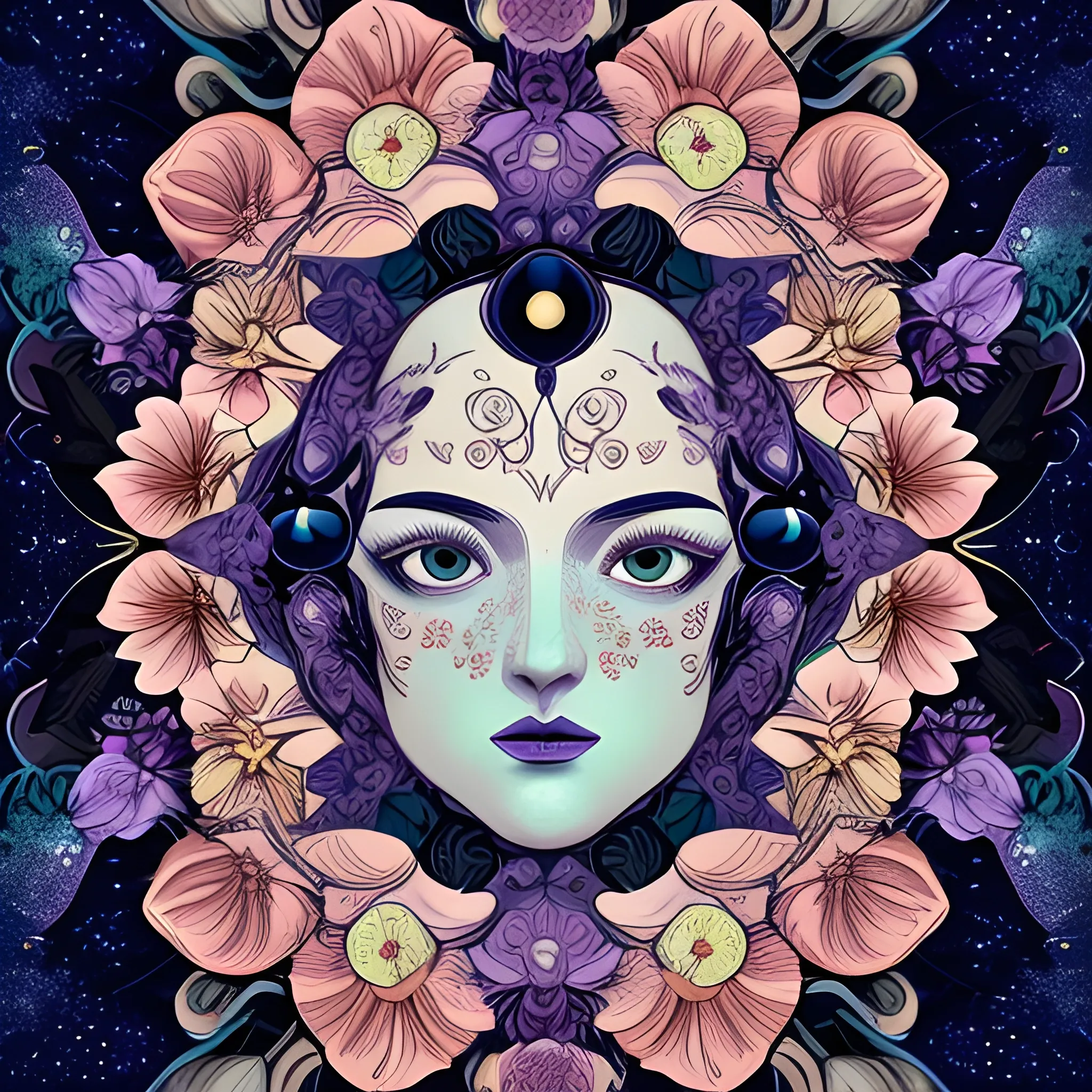  flowers in the space, centered hipereallistic cover photo, awesome full color, hand drawn, dark, gritty, erte 12k, high definition, cinematic, neoprene, behance contest winner, portrait featured on unsplash, stylized digital art, smooth, ultra high definition, 8k, unreal, Water Color