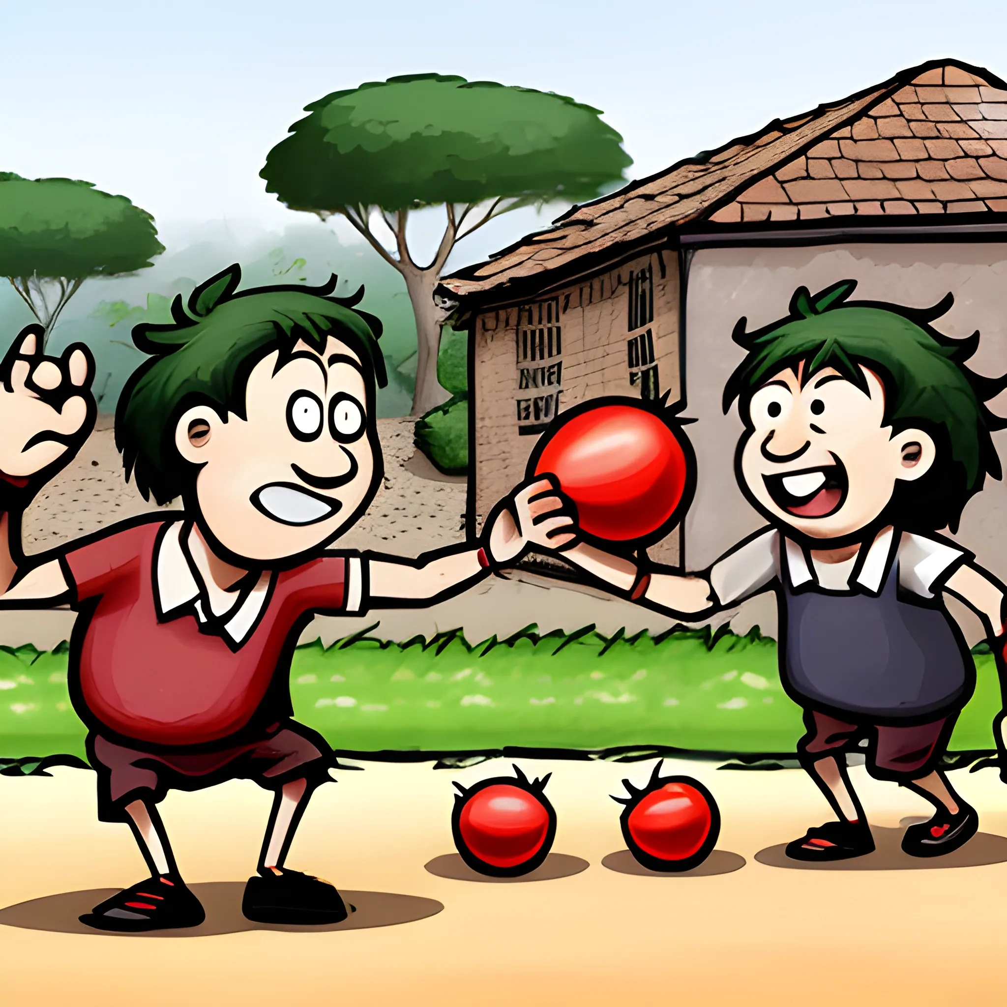 A group of people were throwing tomatoes to each other in the village, Cartoon