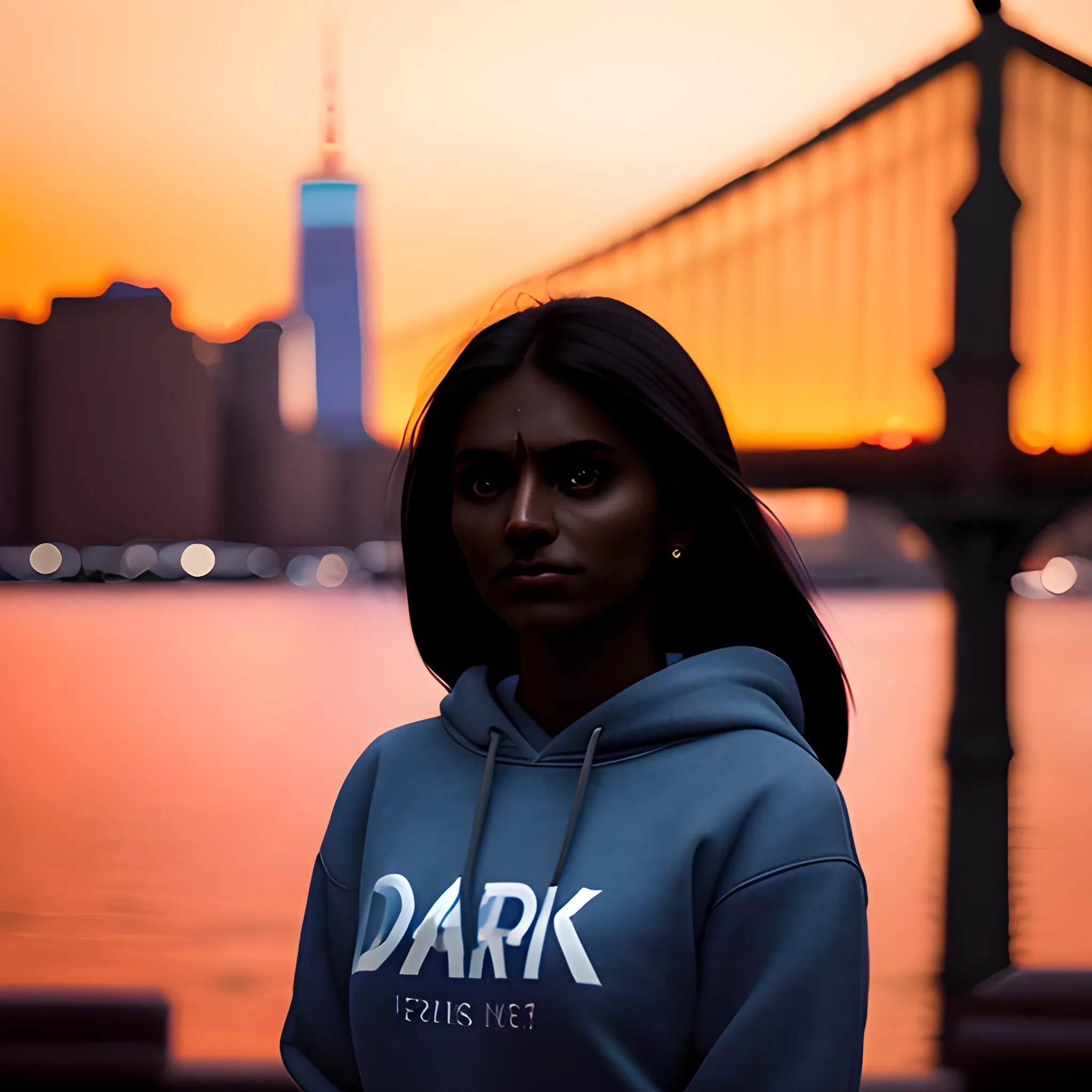 ARRI Alexa Mini; Zeiss Master Prime 50mm lens; aperture set at f/2.8 for shallow depth of field & dusk lighting; silhouette of tall, dark-skinned Indian woman in a sweatshirt and jeans; New York City as the backdrop; natural golden-orange dusk light; reflectors for defined silhouette.