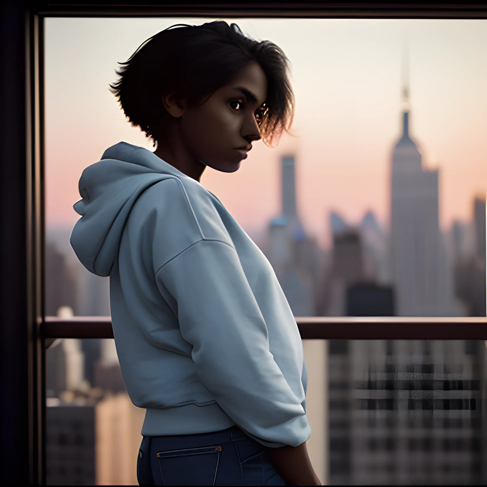 ARRI Alexa Mini; Zeiss Master Prime 50mm lens; aperture set at f/2.8 for shallow depth of field & dusk lighting; silhouette of tall, dark-skinned Indian woman in a sweatshirt and jeans; New York City as the backdrop; beautiful summer day; 