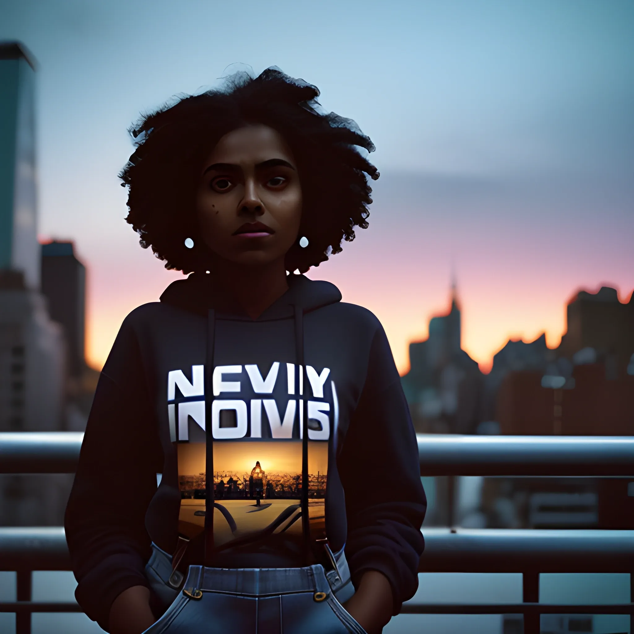 ARRI Alexa Mini; Zeiss Master Prime 50mm lens; aperture set at f/2.8 for shallow depth of field & dusk lighting; silhouette of tall, dark-skinned Indian woman in a sweatshirt and jeans next to a brown-skinned Puerto Rican woman wearing overalls and converse; New York City as the backdrop; beautiful summer day; 