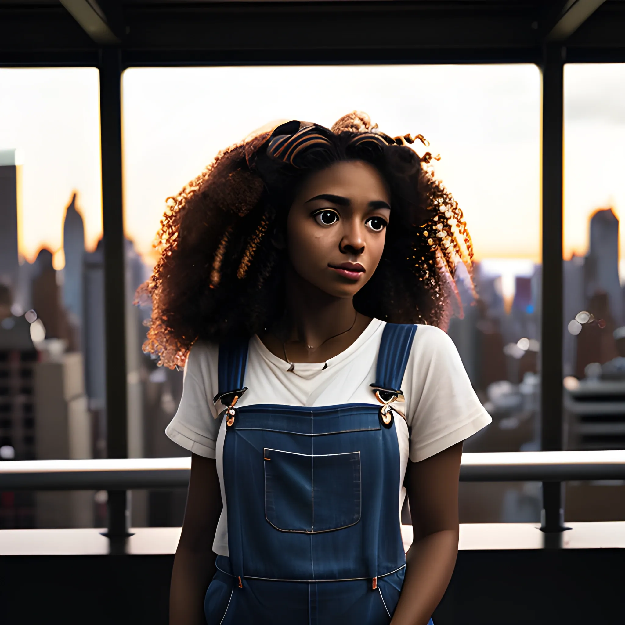 ARRI Alexa Mini; Zeiss Master Prime 50mm lens; aperture set at f/2.8 for shallow depth of field & dusk lighting; silhouette of tall and pretty brown-skinned Puerto Rican woman with long curly hair, wearing overalls; New York City as the backdrop; beautiful summer day; 