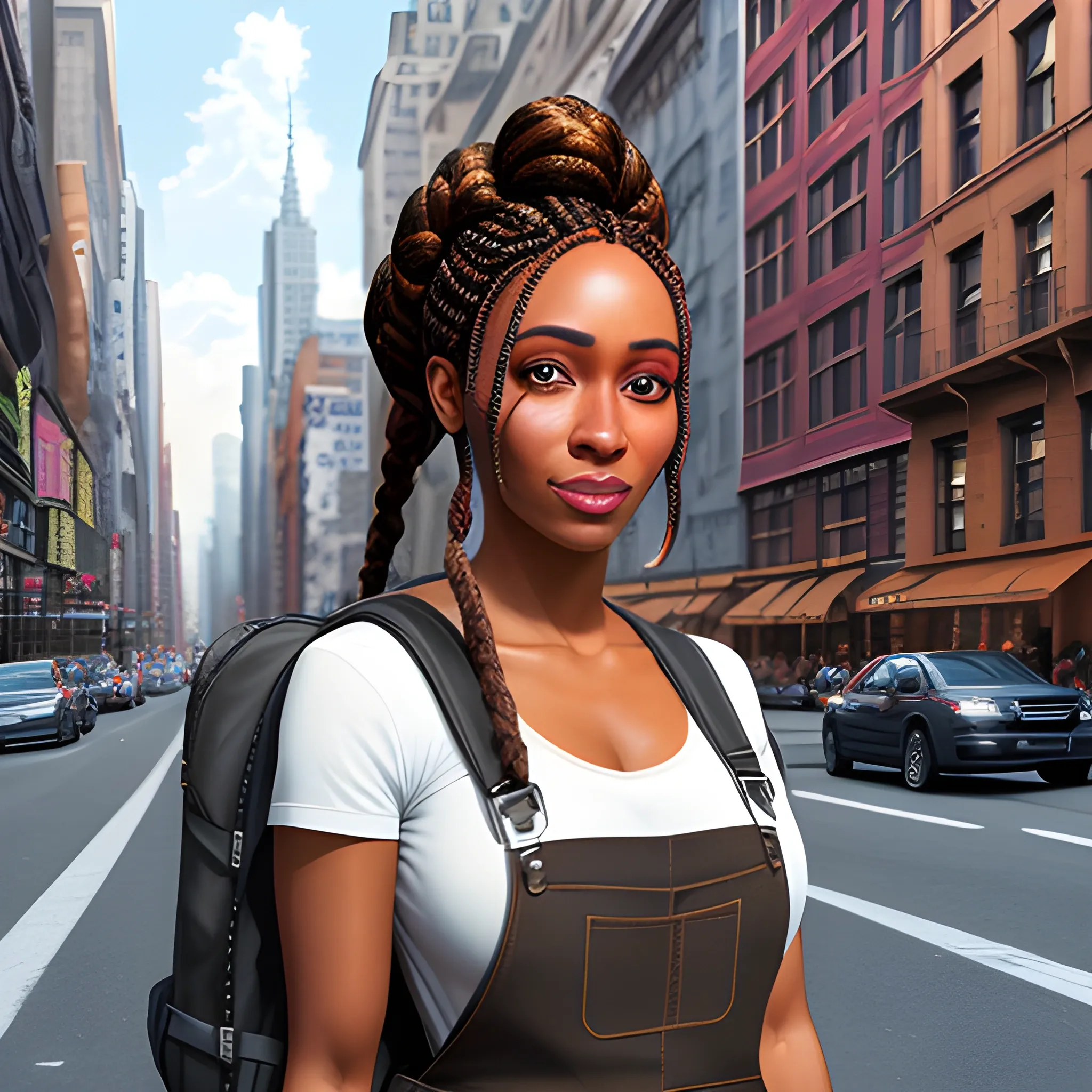 Portrait of a brown skinned, teenager with many long braids, wearing overalls and a backpack, with New York City as the backdrop, stable diffusion, 8k intricate details, fairytailstyle, hyper realistic, concept art