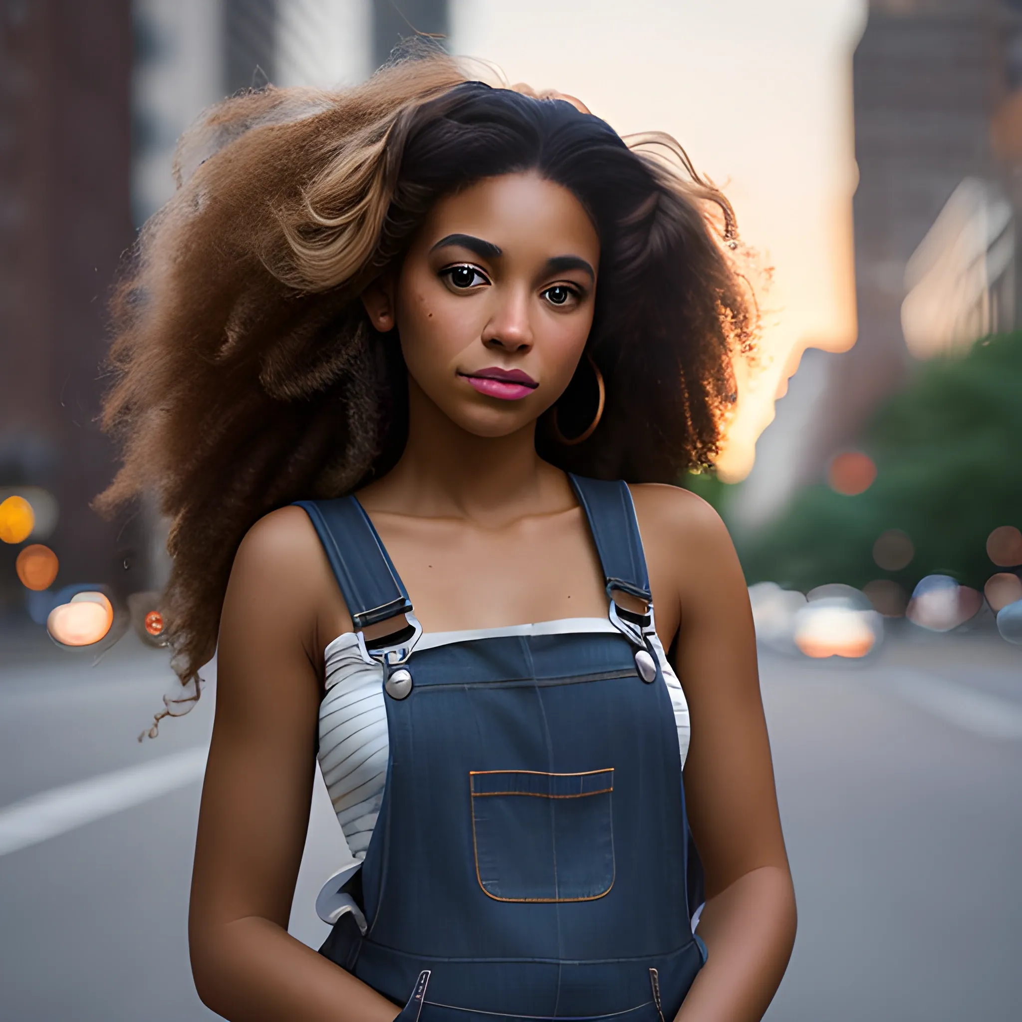 ARRI Alexa Mini; Zeiss Master Prime 50mm lens; aperture set at f/2.8 for shallow depth of field & dusk lighting; silhouette of tall and pretty brown-skinned Puerto Rican woman with long curly hair, wearing overalls; New York City as the backdrop; beautiful summer day; 