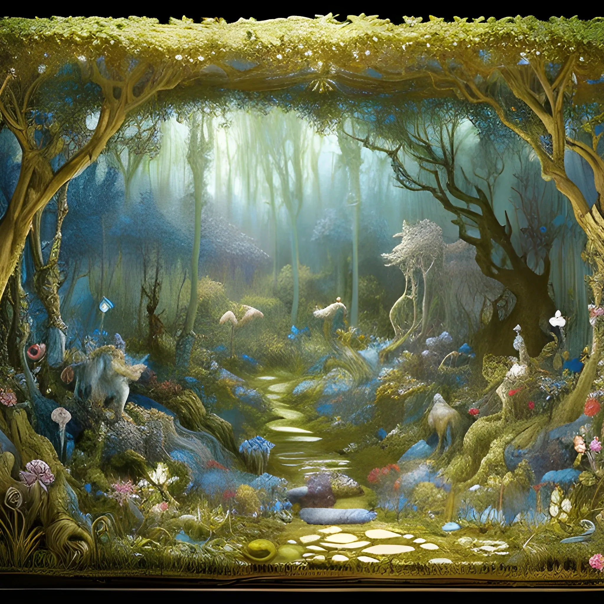 masterpiece, multilayered fantasy diorama, wolf, forest meadow, blooming flowers, bright blue sky, mystical atmosphere, extremely stylized, intricate details, Gustave Doré, Arthur Rackham, enchanted, ethereal glow, sparkling light, lush greenery, vibrant colors, fantastical creatures hidden, dreamlike quality, Oil Painting